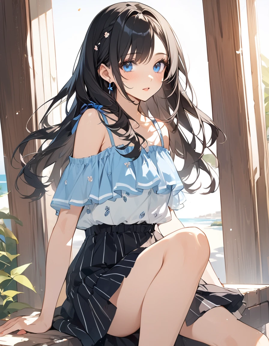 (Top quality illustrations:1.2), (pretty girl:1.1), (1 girl、、), (Kind eyes、blue eyes)、Black Hair、Semi-long hair、Summer fashion