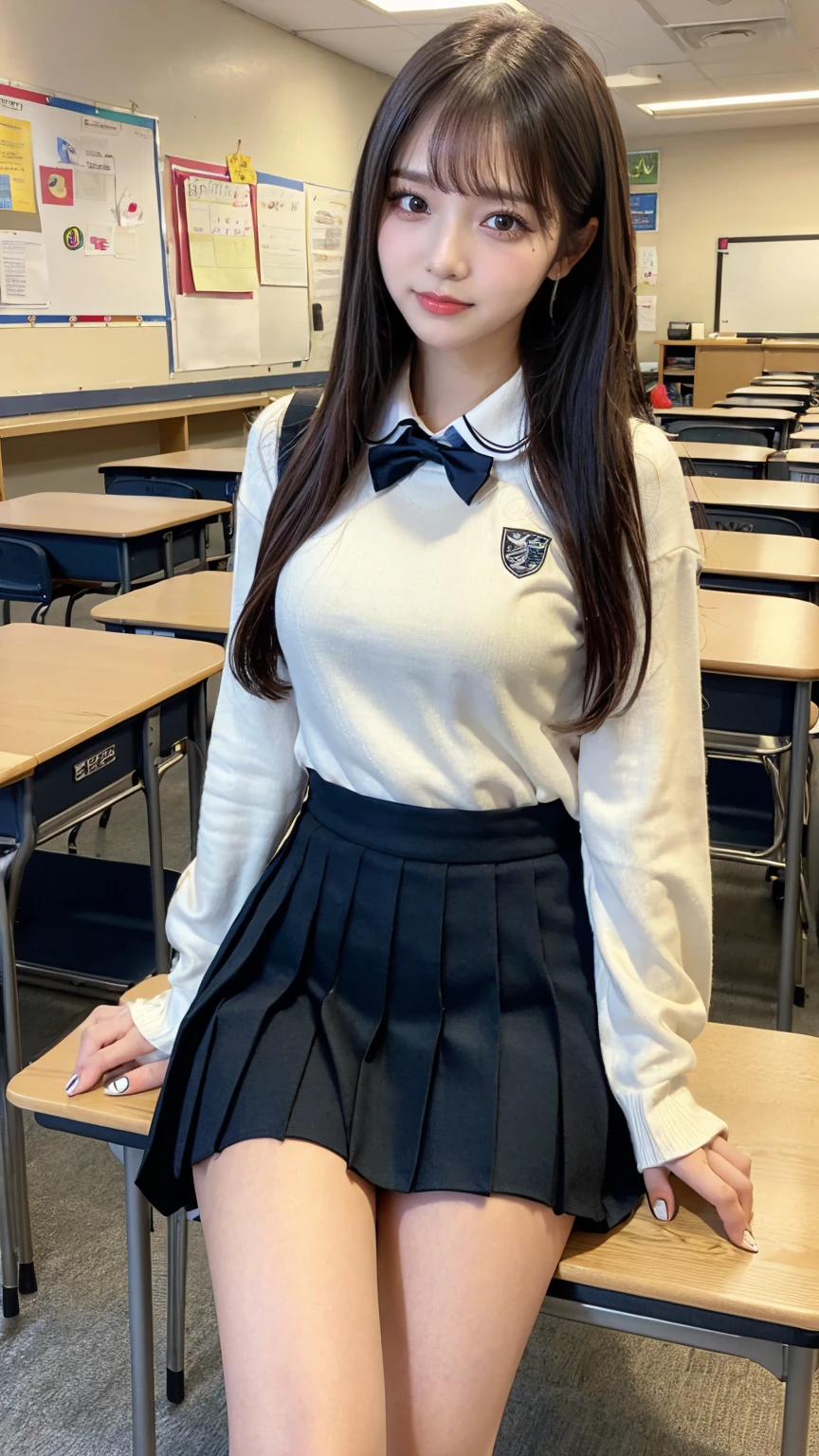 (((cowboy shot))),Ultra-high resolution,big eyes,((brown eyes)),Japanese,(forehead),(a girl),(1 girl),(()),(cute),pretty,((facing at viewer)),arms behind back,grin,((black school sailor uniform)),pleated skirt,thighs,classroom