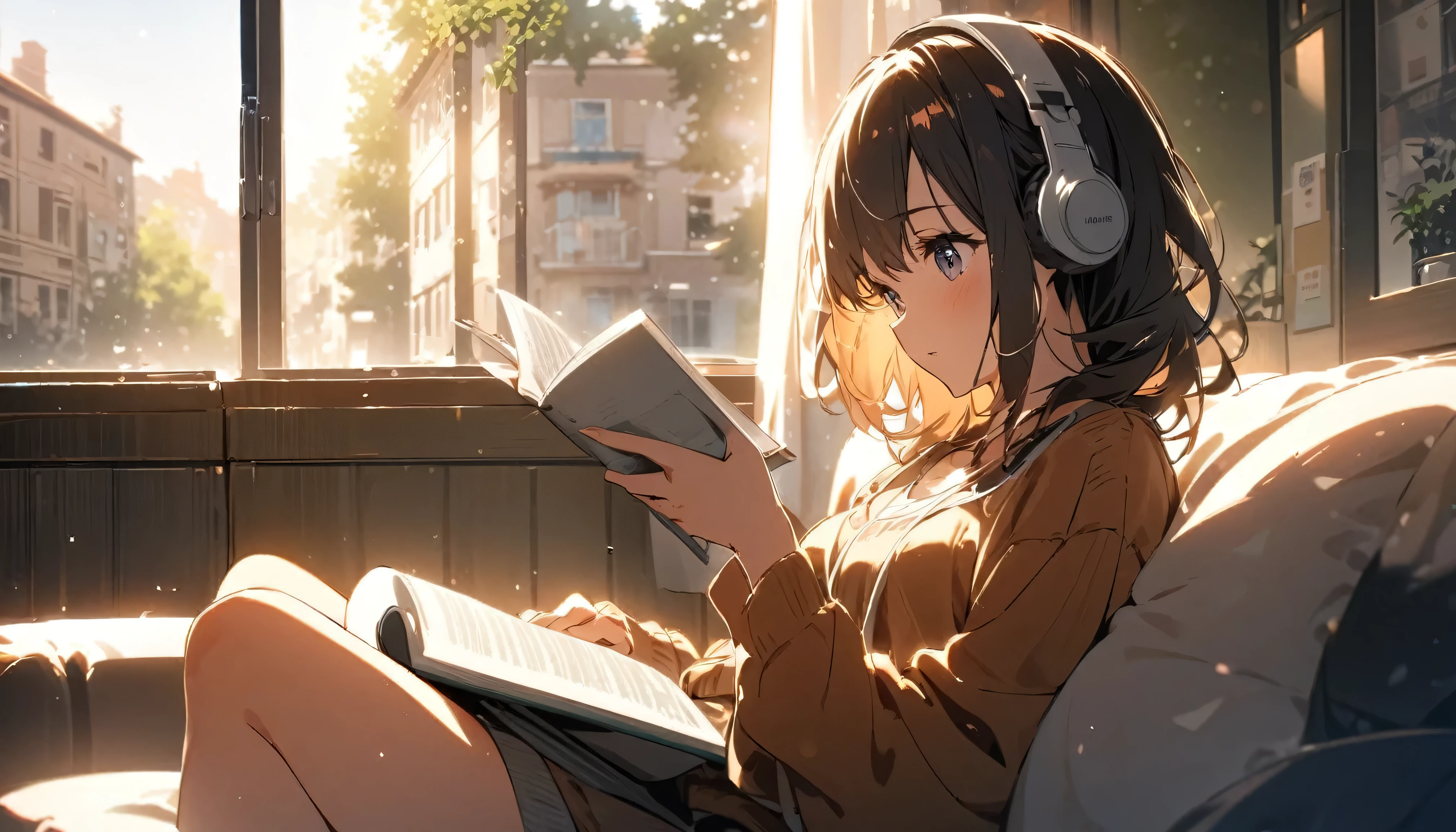 Girl sitting on sofa reading a book,In front of a large window,Morning sunlight,Streetscape、listen to music、