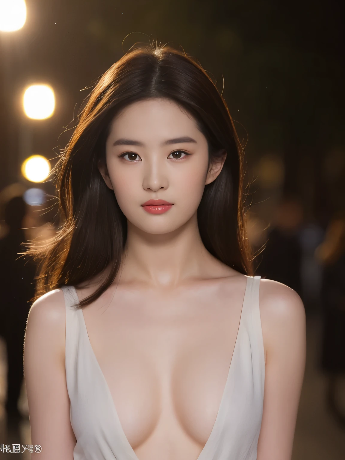 ((Realistic lighting, Best quality, 8K, Masterpiece: 1.3)), Clear focus: 1.2, 1girl, Perfect beauty: 1.4, Big breasts: 1.2, Nipples visible, Slim abs: 1.1, ((dark brown hair)), nude, naked body, Pubic hair visible, (Outdoor, night: 1.1), City streets, Super fine face, fine eyes, Double eyelids, Full body portrait camera angle