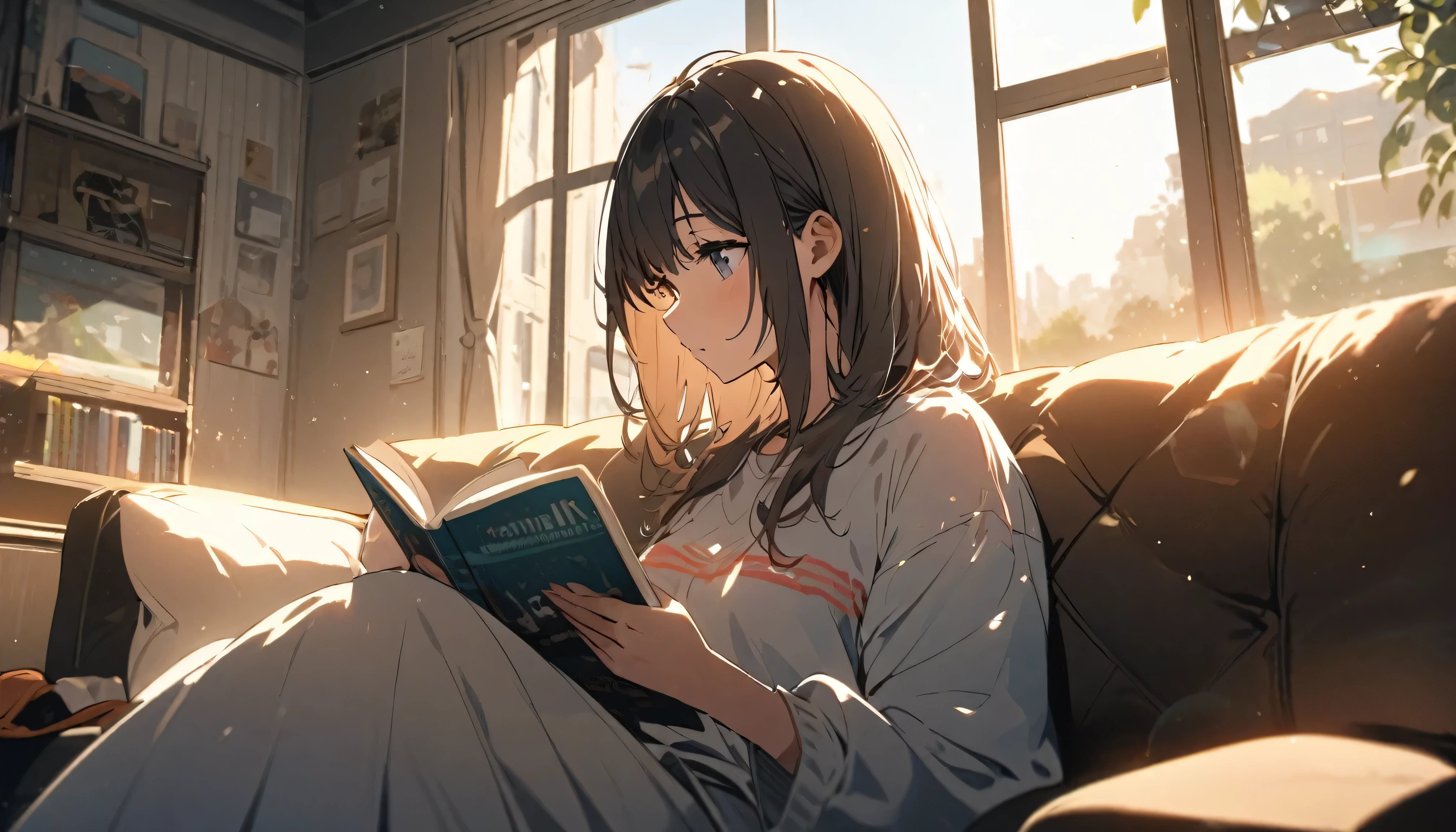 Girl sitting on sofa reading a book,In front of a large window,Morning sunlight,Streetscape、listen to music、