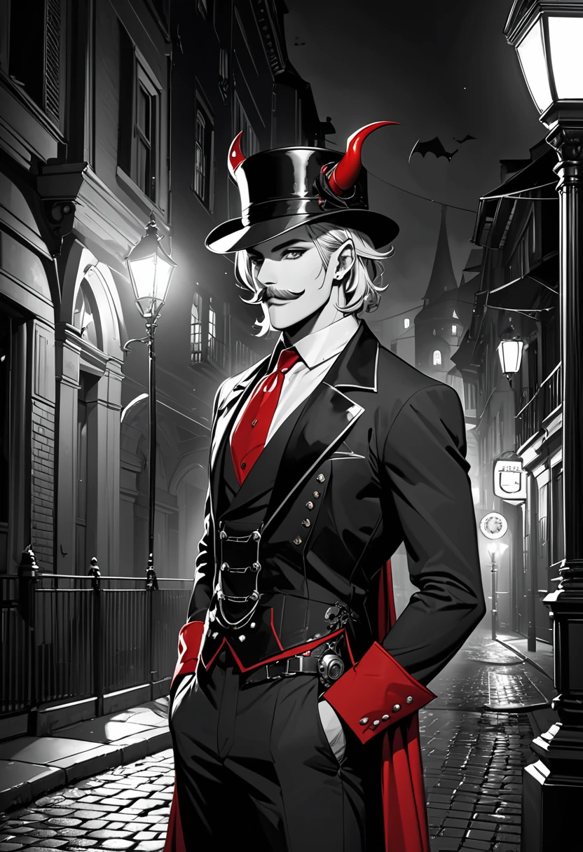 (masterpiece, best quality,ultra highres),male old Devil,silver hair,Devil in a red bowler hat,(devil horns),Mustache,Red mantle,Lizard-like gray tail,thin body,posing,nihil smile,Devil Deceiver,europe at night,He is illuminated by the streetlight,monochrome with Splash Color,eerie atmosphere, absurdres, highres, extra detailed,Steampunk,magnificent view,