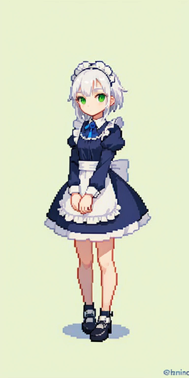 (masterpiece, top quality, best quality) pixel art, 1girl, full body, white hair, green eyes, blue maid dress