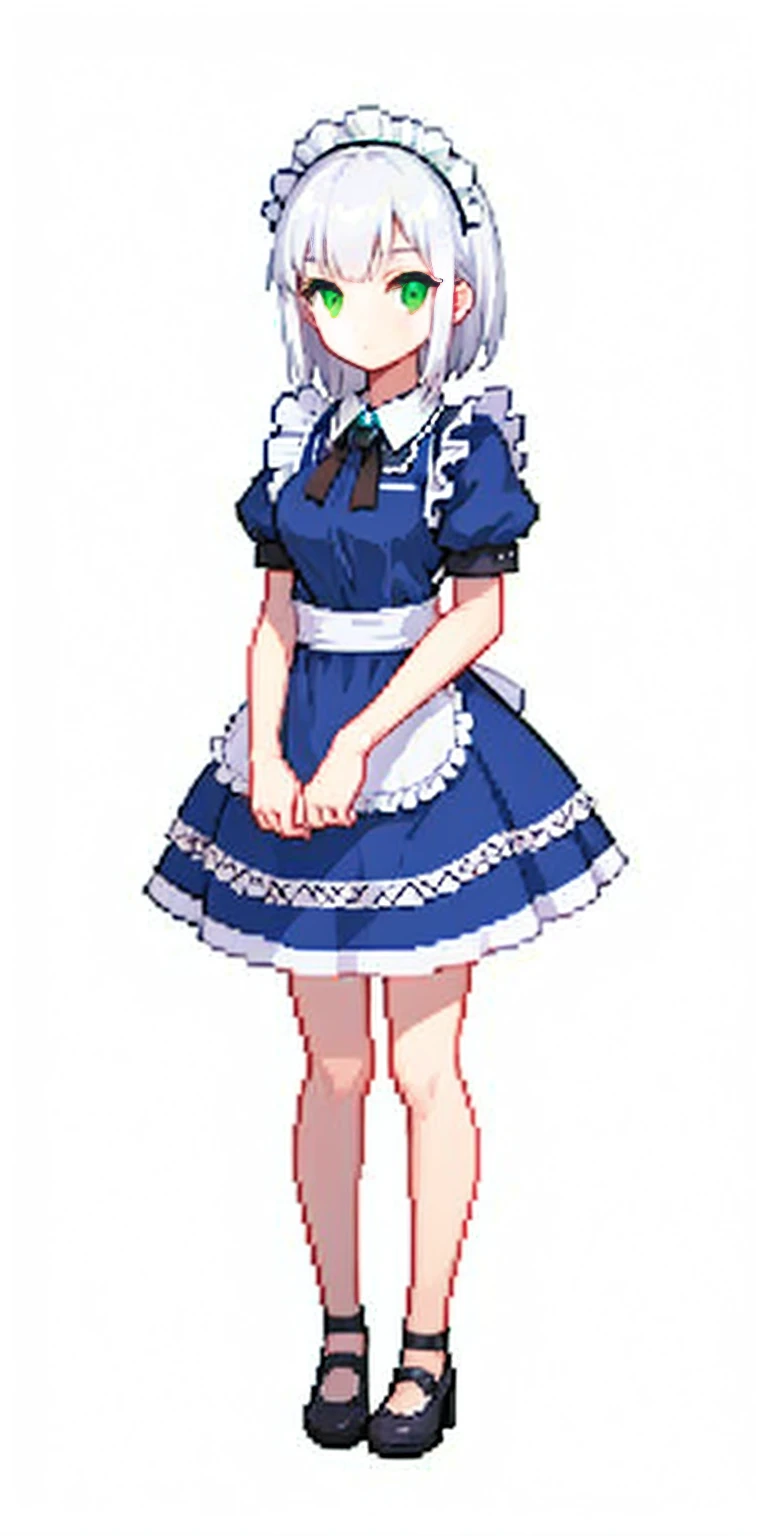 (masterpiece, top quality, best quality) pixel art, 1girl, full body, white hair, green eyes, blue maid dress