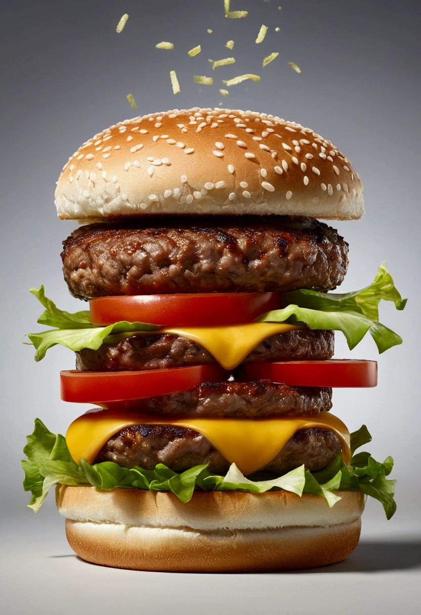 Ingredients of a hamburger floating in the air, separated, on a plain background