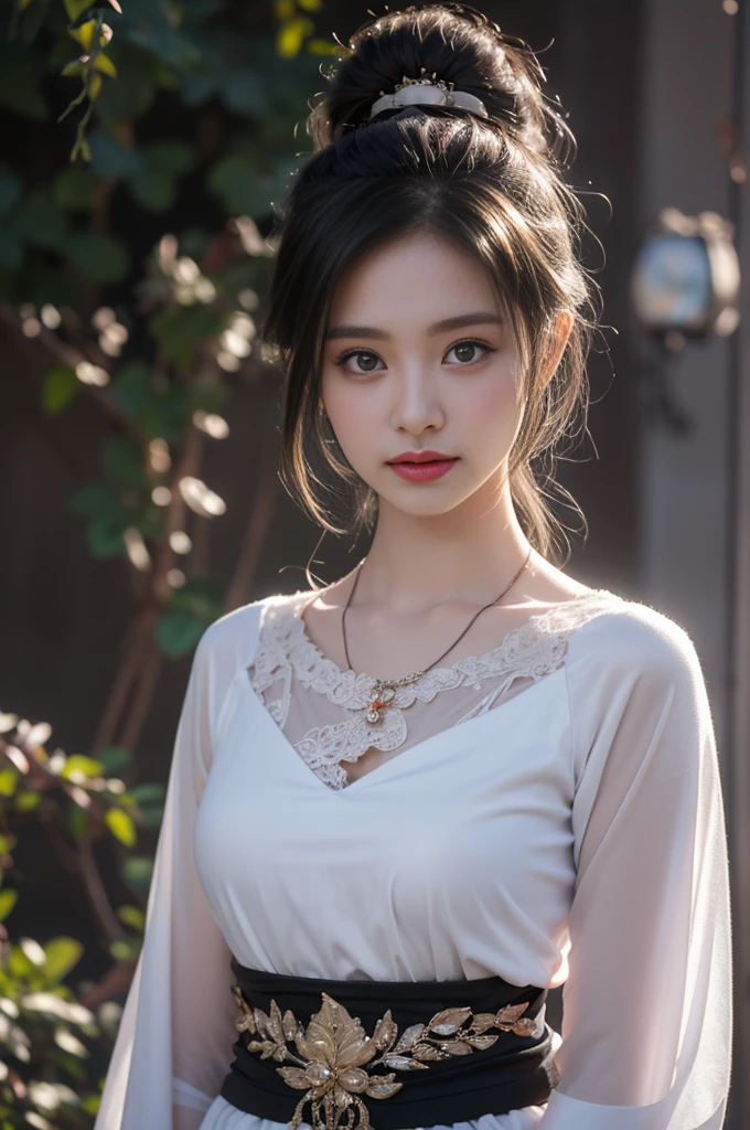 1 beautiful girl in Hanfu costume, ((black purple thin silk shirt nightgown with many patterns)), white lace nightgown, long platinum purple ponytail Hair, Jewelry, ear jewelry , necklace and necklace, carefully drawn big purple eyes, careful makeup, Thin eyebrows, high nose, beautiful red lips, no smile, pursed lips, pink cheeks, wide chest, big chest, proportional chest , slim waist, purple fishnet stockings, feet in white shoes, Chinese hanfu style, fictional art texture, many bright and realistic colors, RAW photos, Realistic photos, ultra-high quality 8k surreal photos tall, (effective fantasy lighting effect: 1.8), 10 x pixels, magic effect (Background): 1.8), super detailed eyes, full body portrait of girl, Chinese royal garden background , dynamic posture