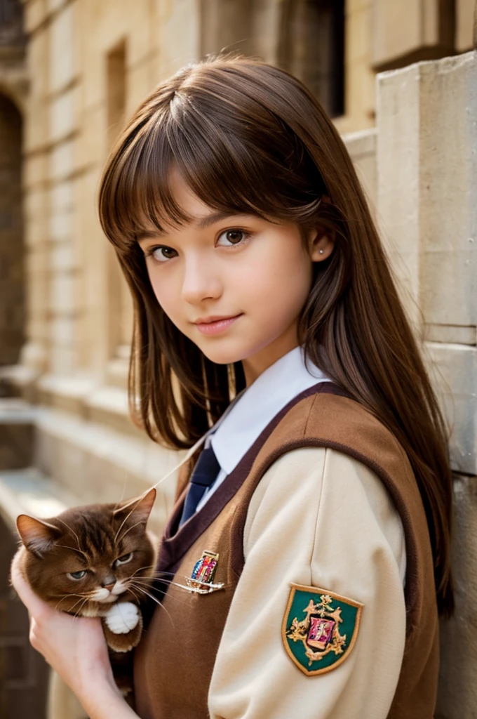 A brown haired teenage beautiful girl with a brown cat in her hand. She is wearing hogwarts uniform.
