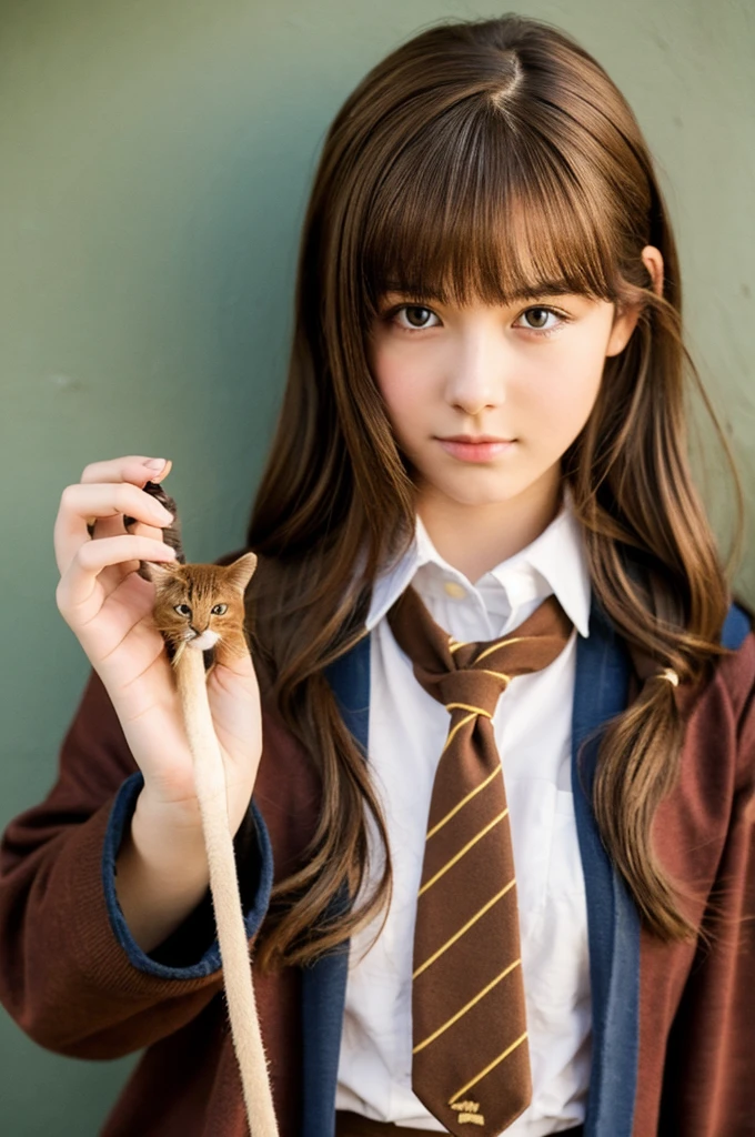 A brown haired age beautiful girl with a brown cat in her hand. She is wearing hogwarts uniform.