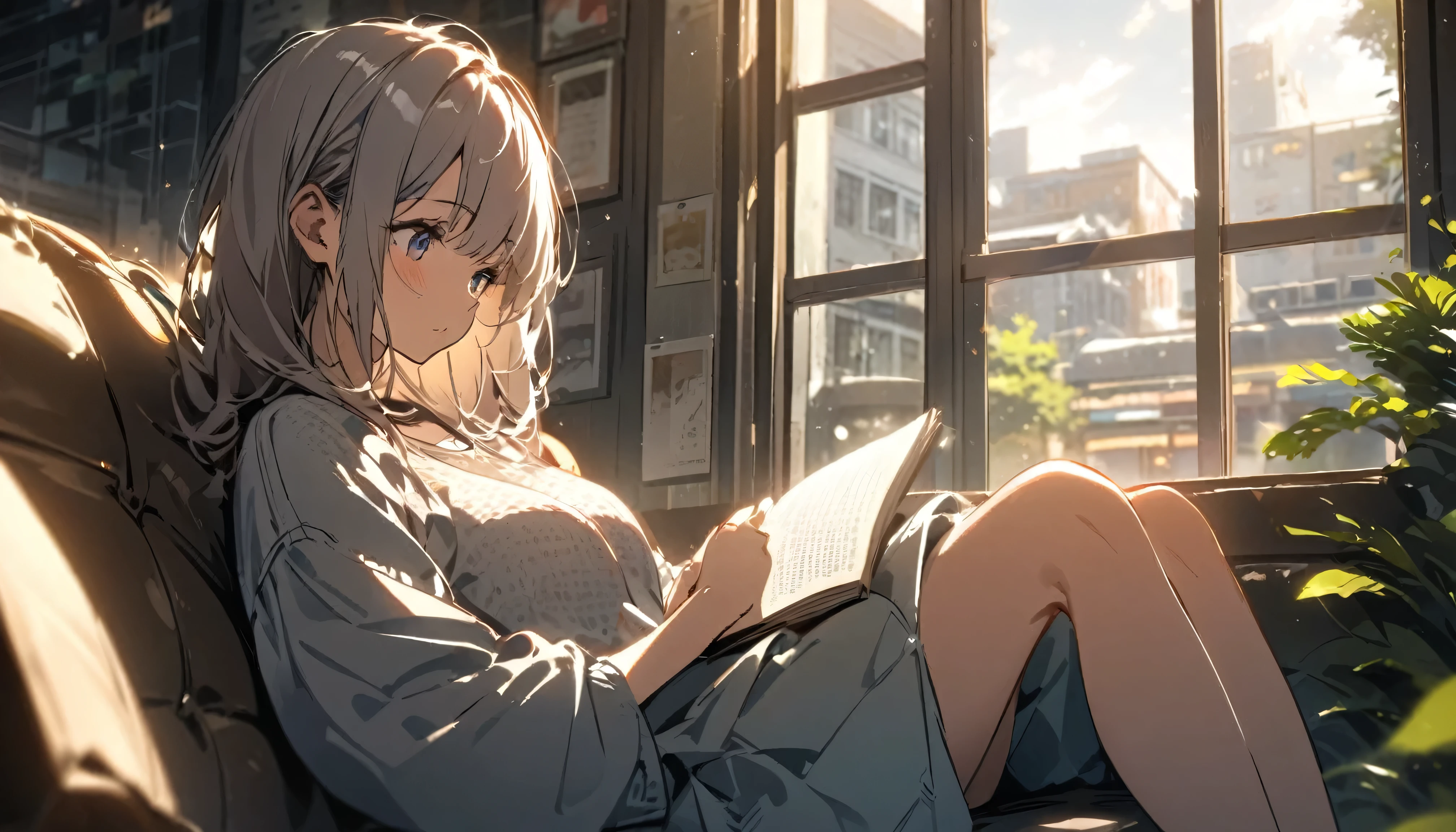 Girl sitting on sofa reading a book,In front of a large window,Morning sunlight,Streetscape、listen to music、