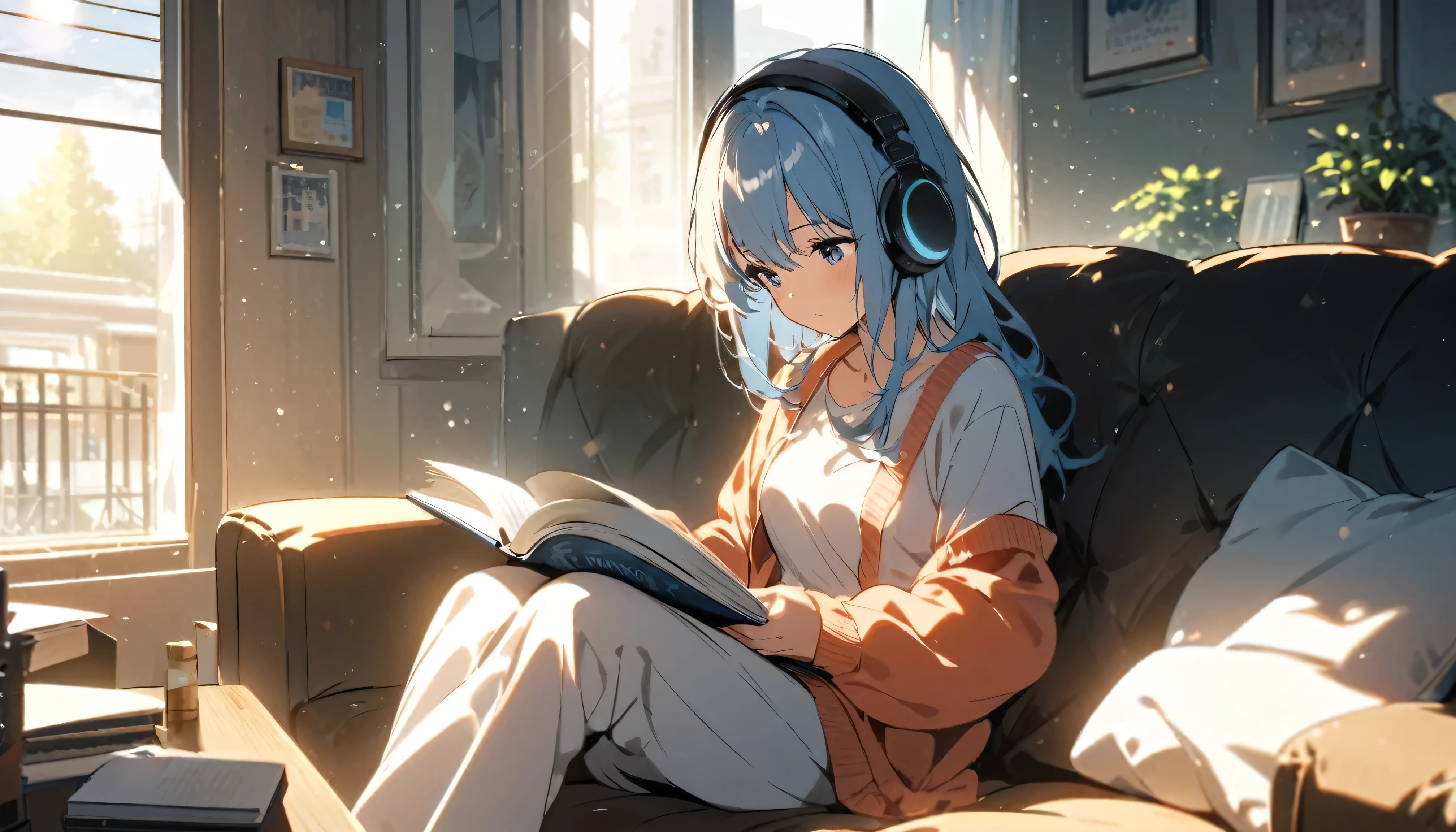 Convert to hand-drawn sketch style line drawing of a cute girl with long hair with a boyfriend style shirt on sitting down mermaid style reading a book with headphones on listening to music