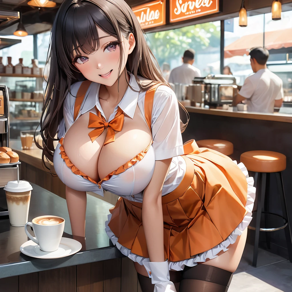 Best quality, masterpiece, ultra high res, raw photo, (photorealistic:1.3), Korean cute girl, 18 years old, silky skin, black hair with bang, half transparent frill white shirts with ribbon, orange micro bikini, long elbow glove,collar,(frill orange skirt), , short sleeves, Waitress costume, black thighhighs, (coffee shop, huge breasts, cleavage, smile:1.1), 1girl, ((1man and 1woman having sex, doggystyle:1.4)), doggystyle,(1man on ass side:1.1), looking at viewer, tareme, 1pennis, naughty face, rolling_eyes, cross-eyed, ahegao, open mouth, tongue out