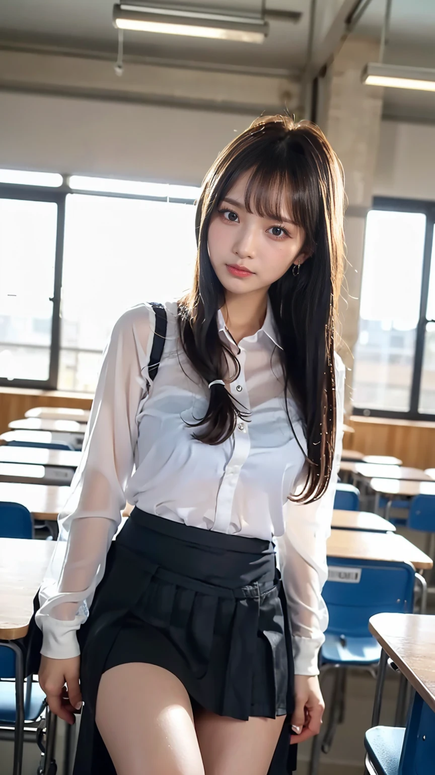 (1ung girl), (highly detailed Beautiful face), Amazing face and eyes, (Best Quality:1.4), (Ultra-detailed), (extremely detailed CG unified 8k wallpaper), Highly detailed, High-definition raw color photos, Professional Photography, Realistic portrait, Amazing face and eyes, Pink eyes, (hi-school uniform, pleated mini skirt:1.3), (High school uniform with wide open breasts:1.4), twintails, brown hair, model,  (((Bokeh))), depth of fields, School, classroom, (squatting:1.2), (lace panties:1.2), view from below