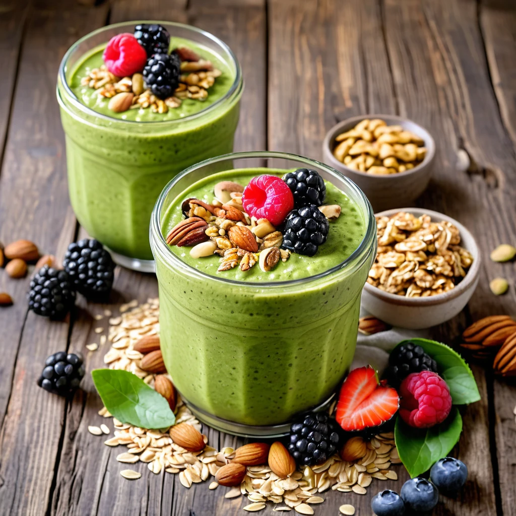 bowl of matcha green tea smoothie with fresh berries, nuts and oat granola  for healthy breakfast ,rustic  wooden background