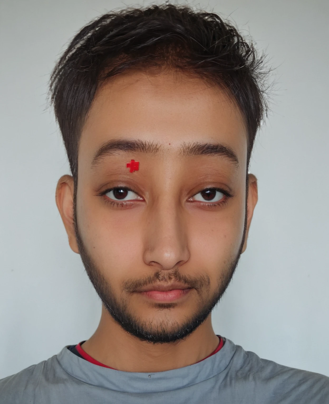 there is a young boy with a red cross on his forehead, ayan nag, vastayan, very very low quality picture, reyyan, profile picture 1024px, friedly smile, very clear picture, young commoner, old picture, a picture, riyahd cassiem, around 1 9 , with accurate face, face picture