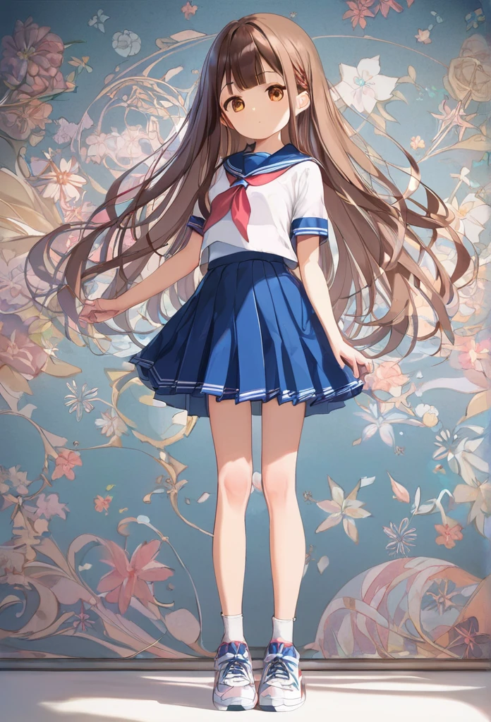 score_9, score_8_up, score_7_up,masterpiece,hd,very aesthetic, absurdres,best quality,[rating_safe], [rating_questionable],[rating_explicit], (masterpiece,highres,8k,best quality, very aesthetic, absurdres,highly detailed),intricate details, very long white serafuku,very long blue  skirt, sneakers, slender girl,photo pattern background,upper body,looking at viewer,(Expressionless:1.3)
BREAK girl, 14 yo, (loli:1.4), (medium breasts:1.1), (Brown Hair)、 (Long Hair:1.1),bangs,Clear skin,(tareme:1.1)
