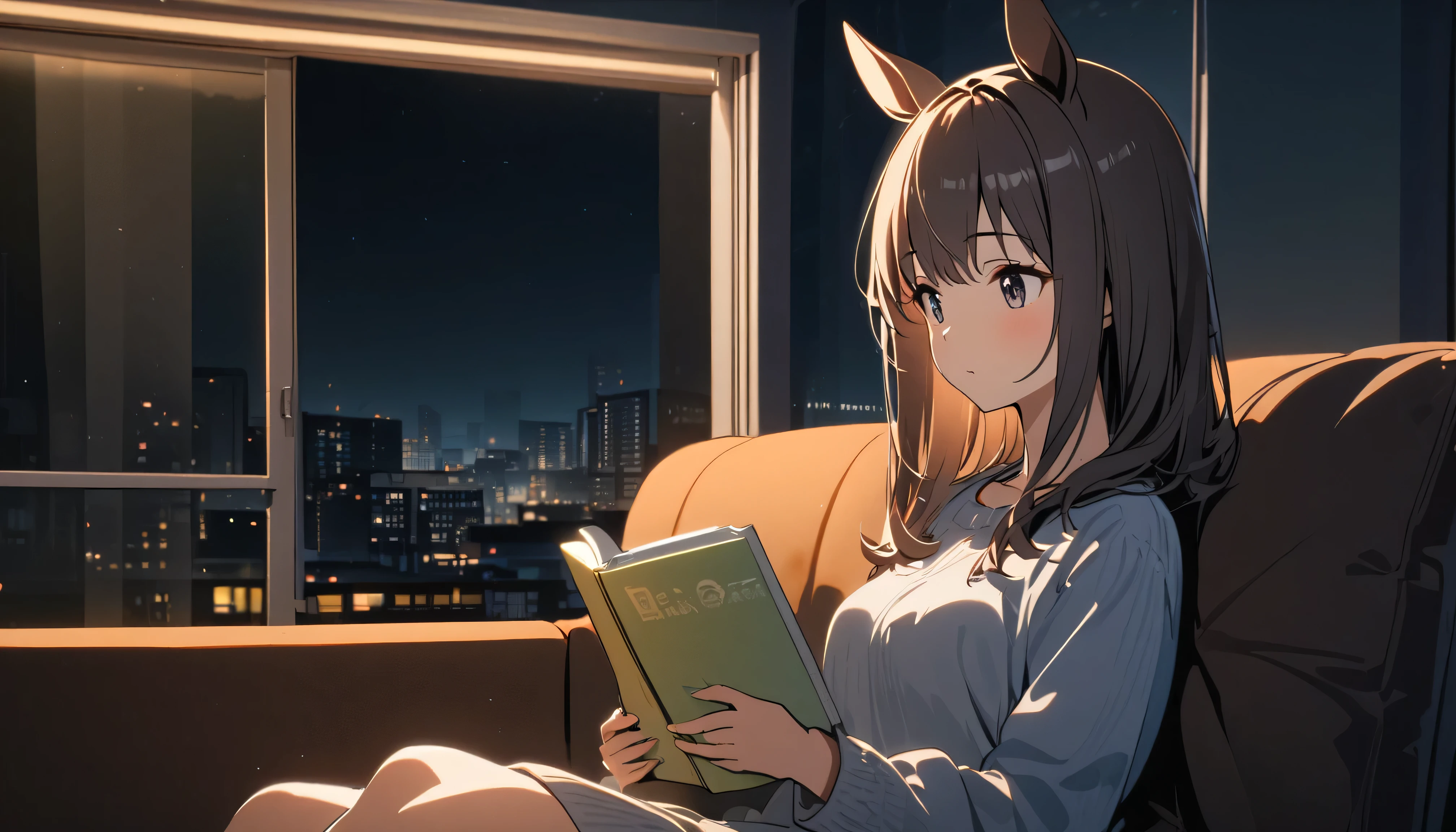 A girl wearing horse ears sitting on a sofa and reading a book,In front of a large window,Night view,Streetscape、8K