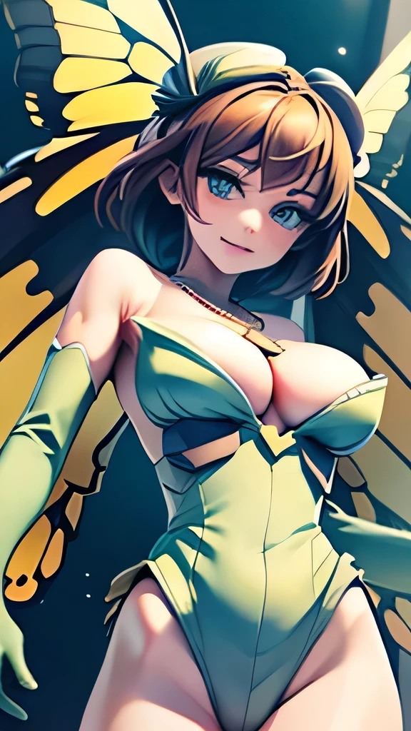 ((masterpiece,best quality,ultra-delicate,Perfect Face,16k,high resolution,very beautiful girl)),yellow butterfly wings on the head,brown medium short hair,green leotard,green long boots ,green long gloves, large breasts,gold necklace,cowboy shot,smile