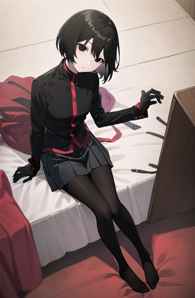 (masterpiece,Highest quality, detailed), One girl, alone, indoor, bed, Sitting, , whole body, Tilt your head, From above, View your viewers,
Oshino Ougi, gakuran, Black gloves, Black jacket, Pleated skirt, Black Pantyhose, No shoes