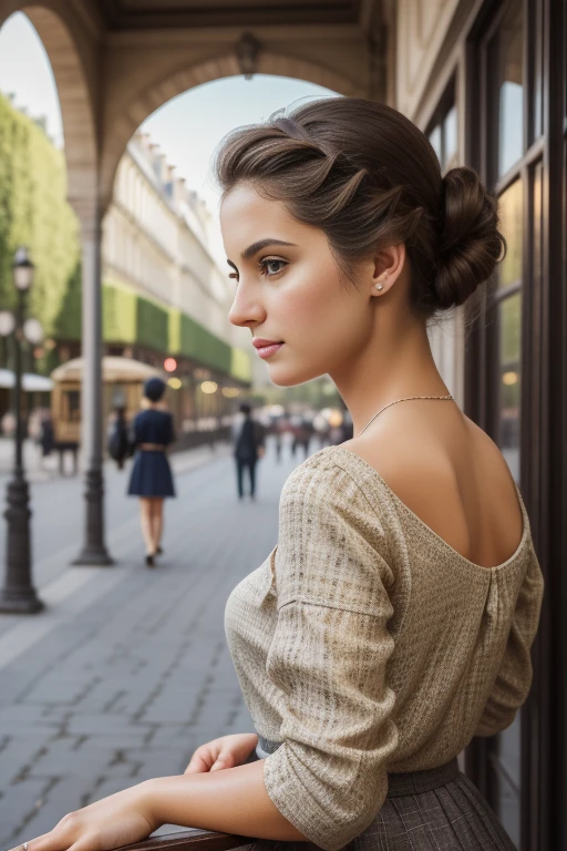 Lisbon, 1941. portrait of A young ((30-year-old)) french lady,((Sira Quiroga)), beautiful, skinny, in a train station outdoors , looking away, ((((day clothings from the 1940s)))), ((hairstyle loose updo messy bun dark hair)), (((hair behind ear))), cute sexy face, extremely detailed skin, beautiful perfect lips, perfect soft ear, hyper realistic gentle soft brown eyes romantic mezmarizing gaze facing down, two hands, perfect (((five fingers on each hand))), insainly detailed fabric, musline airy blouse, texture aline tweed gray plaid pleaded skirt, ((colorful)), stand near vintage grand entry building along with the scent of polished wood and marble inlay tiles, remember yesteryears, creates a serene and inspiring war era paris environment, Photorealism, Full-HD, 1080p, 16k, sharp, soft lighting. real sunlight, Realistic, Hyperrealistic, Hyper Real, digital, a beautiful sophisticated lady, face way left of camera lens, close up at face,