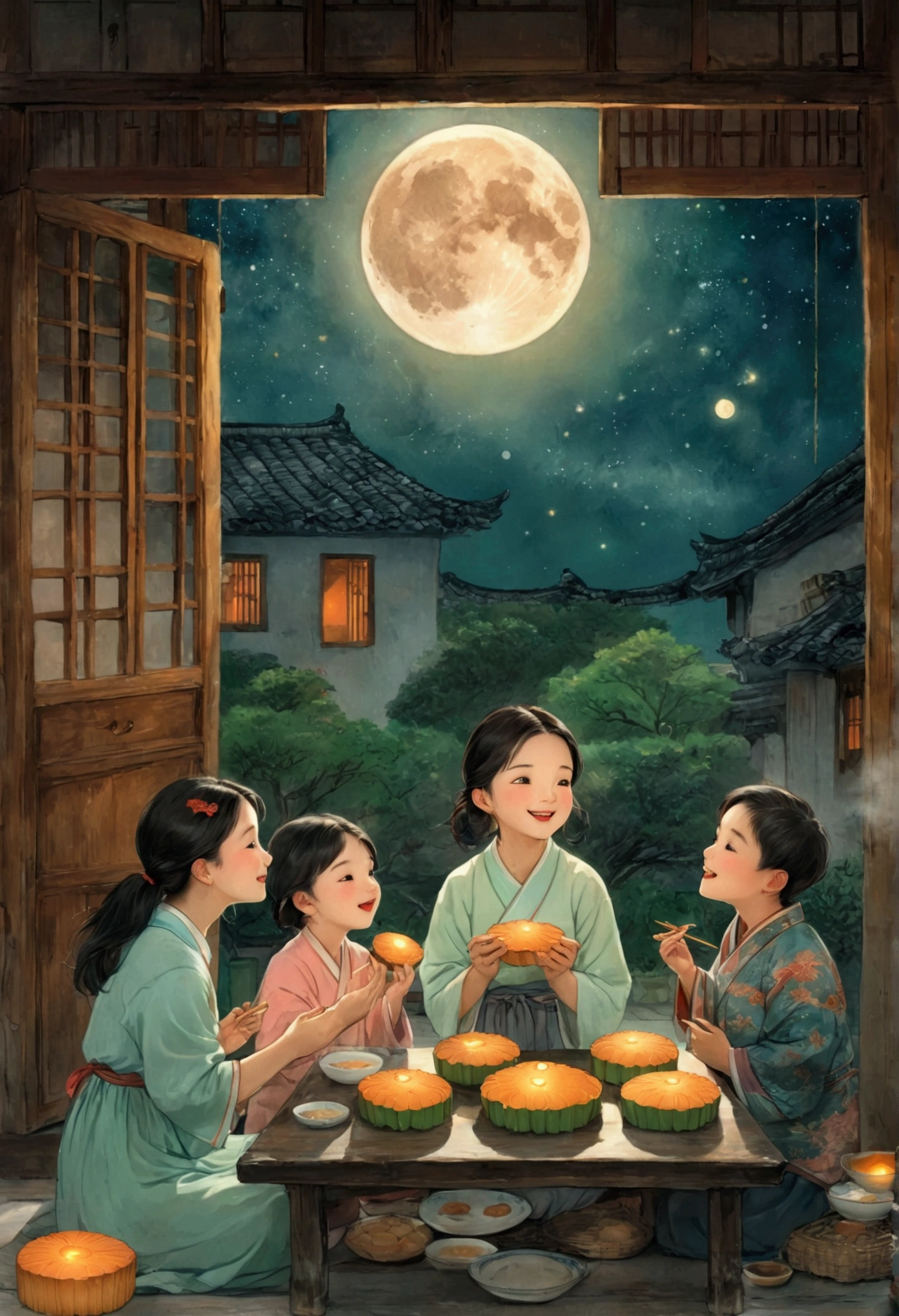 (Top quality、8K、masterpiece:1.3)、Illustration of a full moon and stars in the sky，The family sits together and eats mooncakes,Mom, Dad and children laughing together，Place it in the living room、Bright house scene，Extremely delicate face and skin，Warm scene，Perfect details