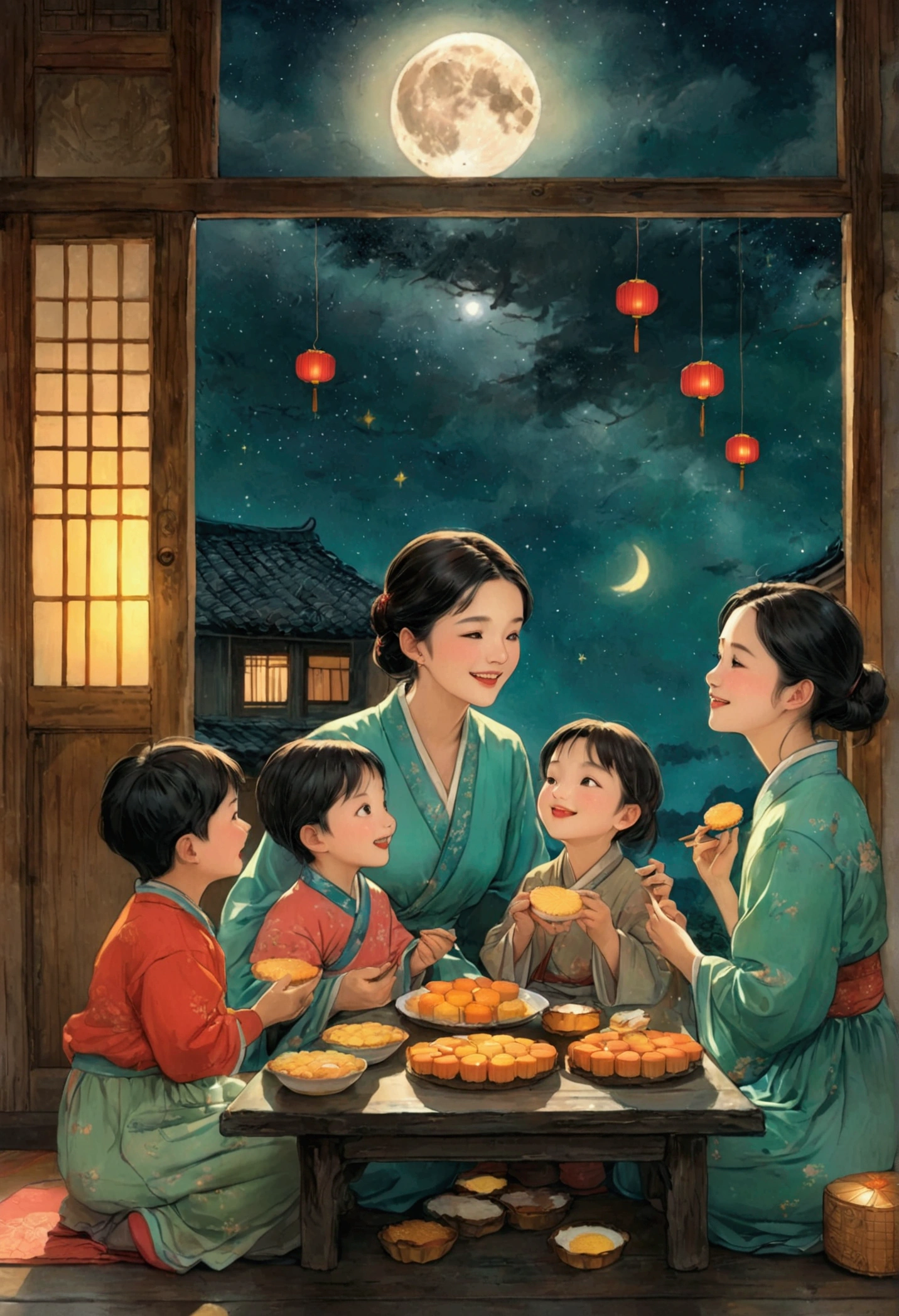 (Top quality、8K、masterpiece:1.3)、Illustration of a full moon and stars in the sky，The family sits together and eats mooncakes,Mom, Dad and children laughing together，Place it in the living room、Bright house scene，Extremely delicate face and skin，Warm scene，Perfect details