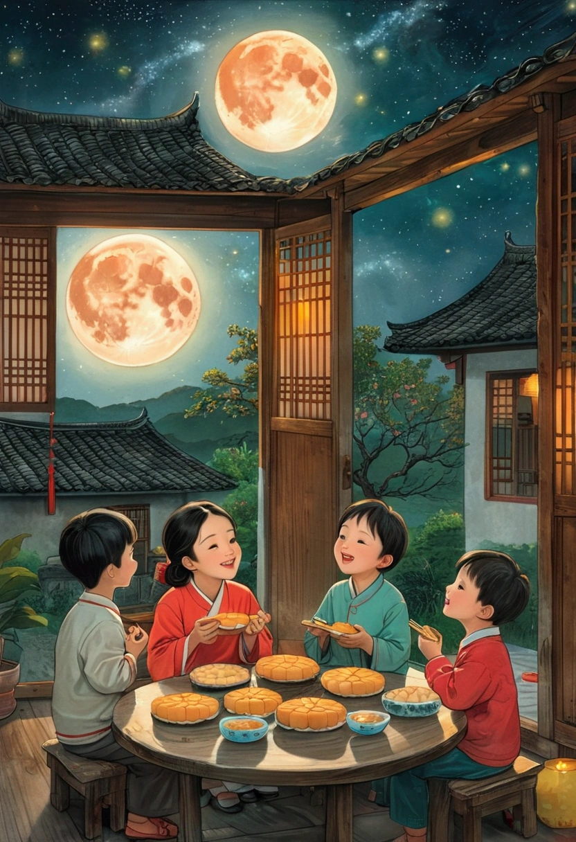 (Top quality、8K、masterpiece:1.3)、Illustration of a full moon and stars in the sky，The family sits together and eats mooncakes,Mom, Dad and children laughing together，Place it in the living room、Bright house scene，Extremely delicate face and skin，Warm scene，Perfect details