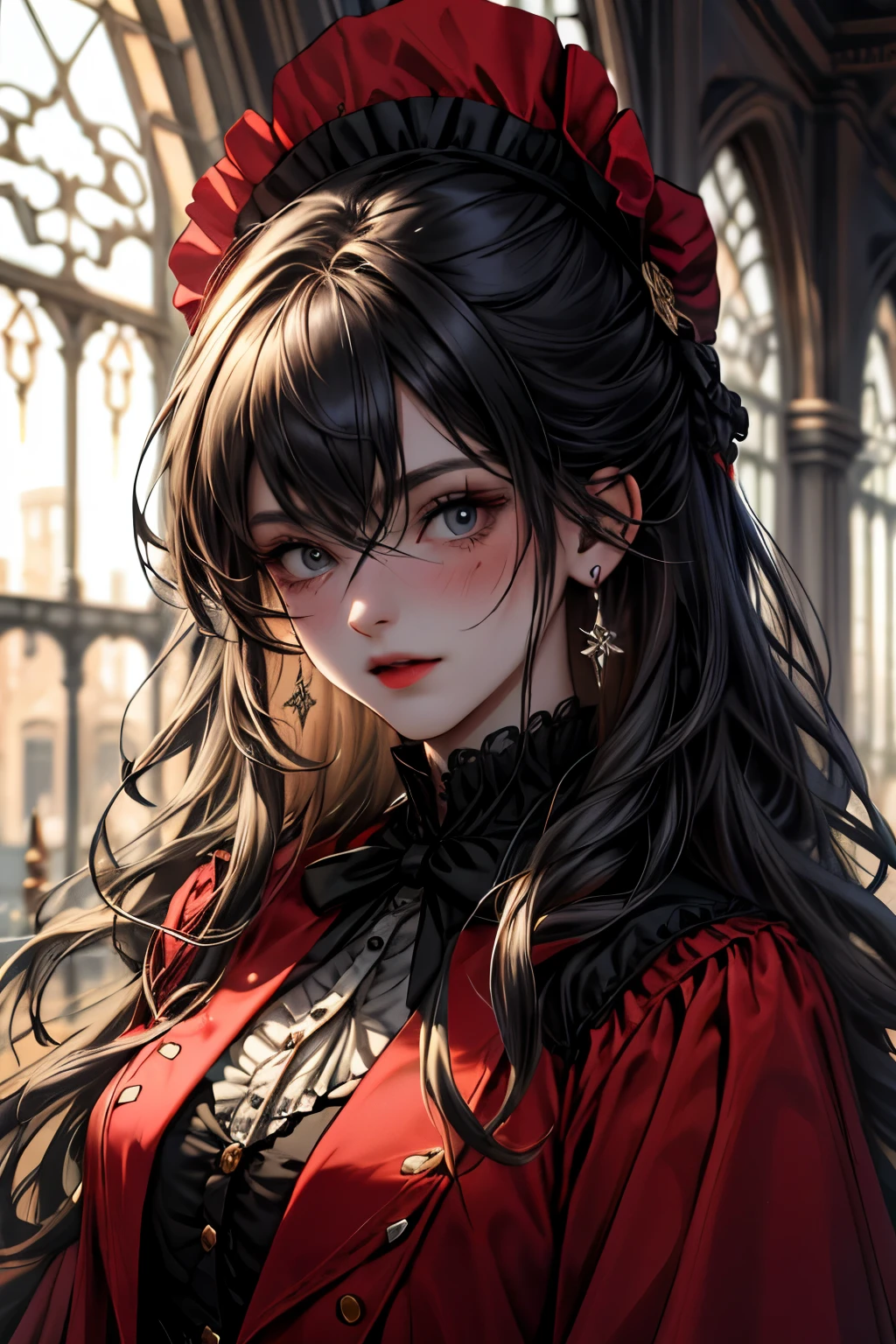((Best quality)), ((masterpiece)), (detailed), young girl victorian era, black and red suit, 25 years , psychological disorders, madness, wild hair, bruises under the eyes