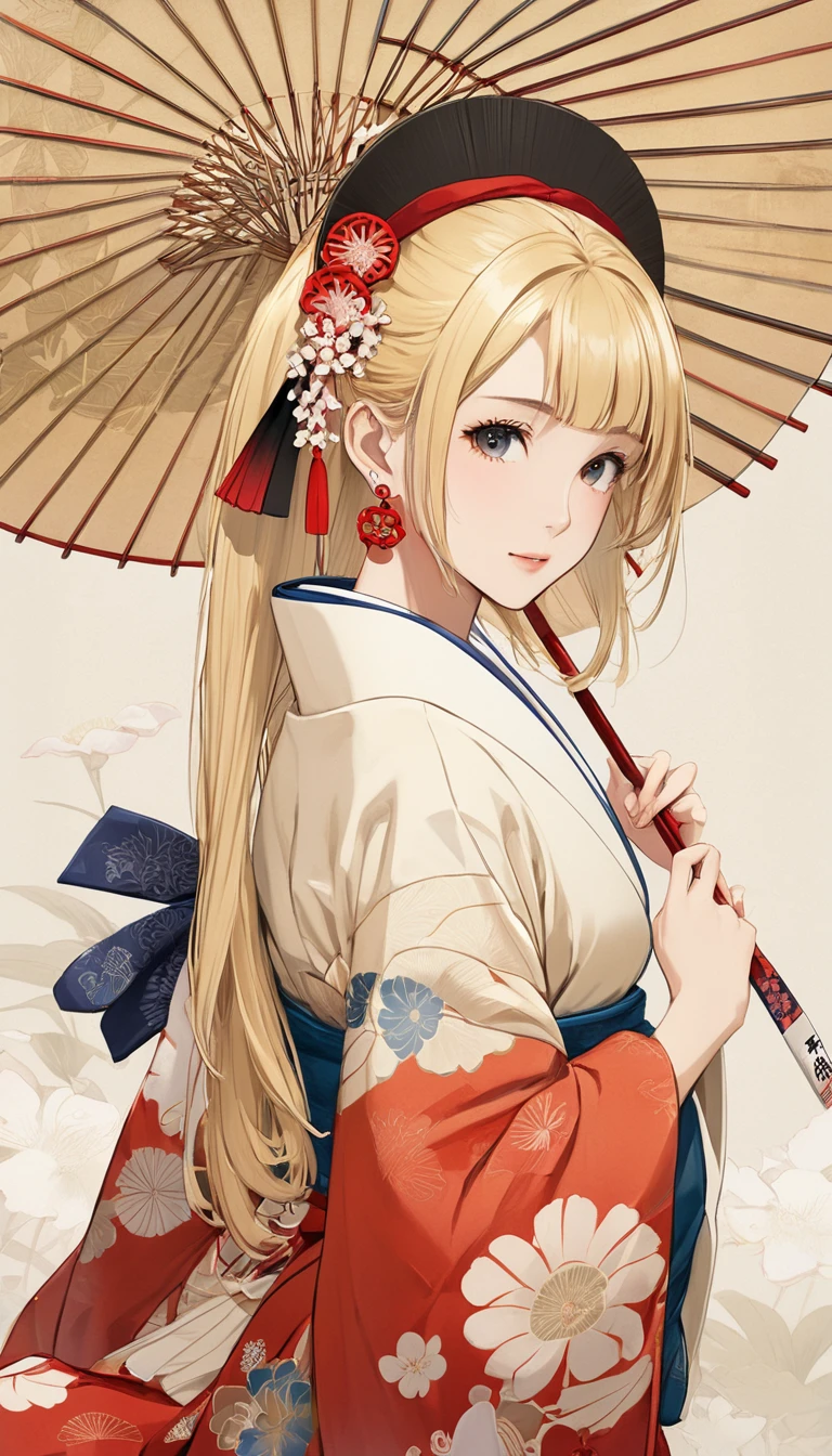 (masterpiece, Highest quality:1.2), One girl, alone,bony body、15 years old、Earrings、Blonde、Edo Period、Hanafuda style
