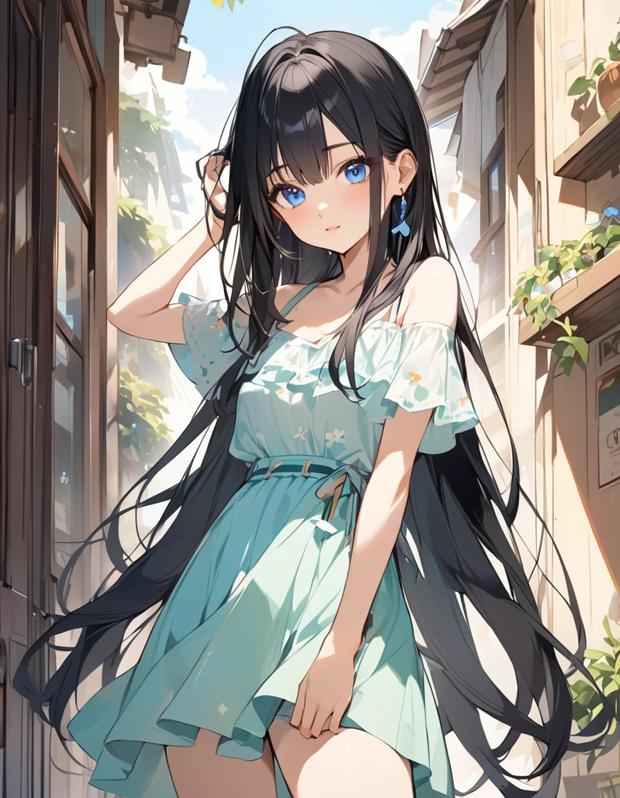 (Top quality illustrations:1.2), (pretty girl:1.1), (1 girl、17 years old、), (Kind eyes、blue eyes)、Black Hair、Semi-long hair、Summer fashion