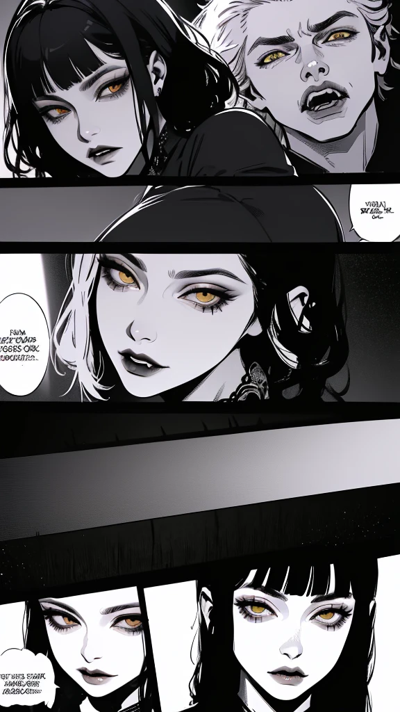 high detail, masterpiece, dramatic lighting(absurdres, highres, ultra detailed), extremely detailed CG unity 8k. mature face, adult woman, woman, mature woman, piercings, short wavy black hair and bangs, fangs, yellow eyes, black modest clothing, mad expression, full body, blood