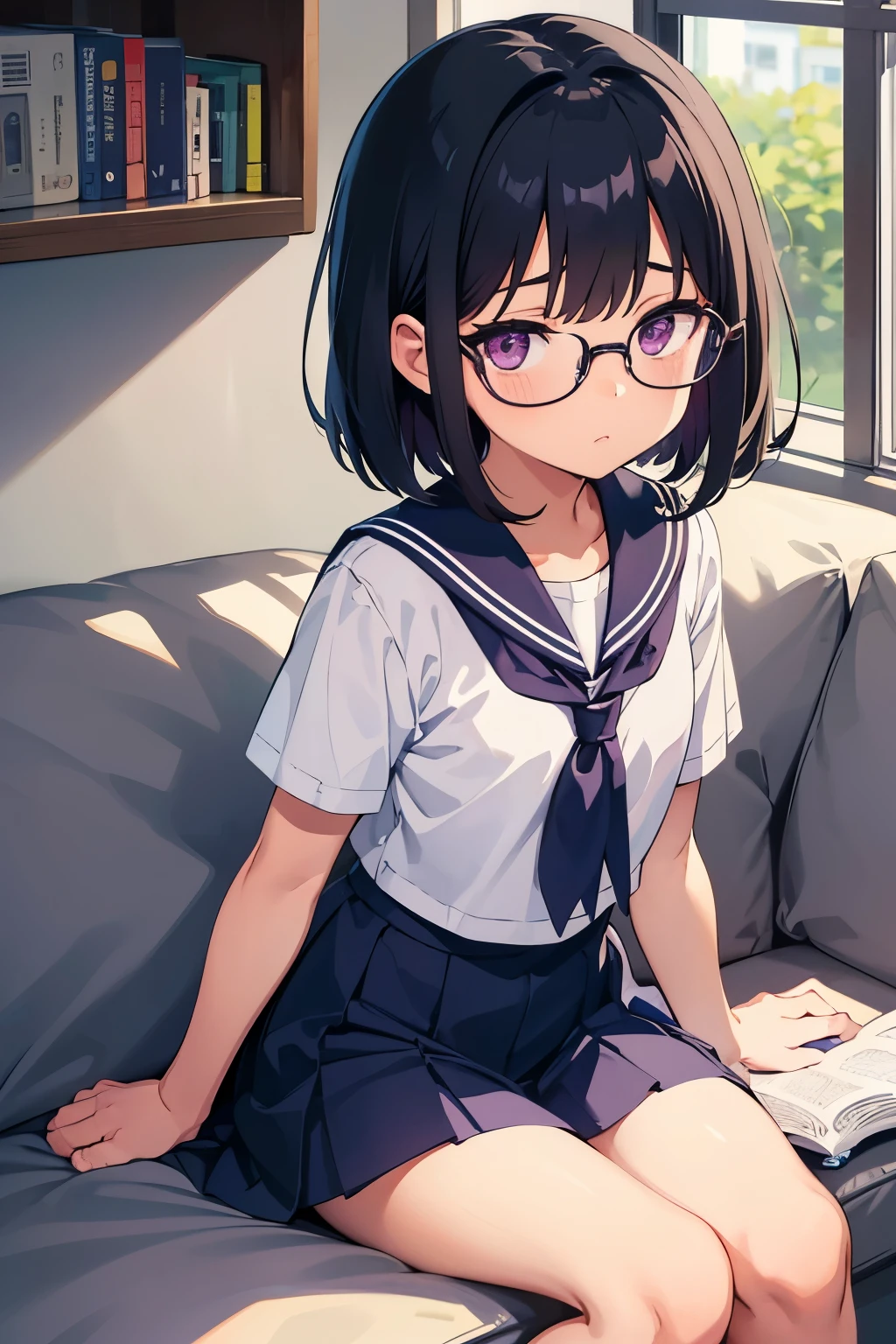 Elementary school girl, , toddler, flat chest, black hair, short bob, glasses, purple eyes (One person) white short sleeve sailor uniform Navy blue mini skirt White panties ((I can see her panties)) White socks living room Dynamic angle of a man lying on the sofa reading a book