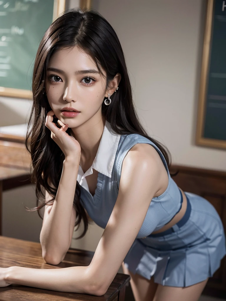 absurdres, RAW photo, extremely delicate and beautiful, masterpiece, Best Quality, ultra high resolution, 32k, hyperrealistic, ultra-detailed, (perfect anatomy:1.2), (anatomically correct:1.2), perfect figure, Perfect Style, Perfect balance, super Detailed skin, in her 30s, very Slim body, narrow waist, very small head, very small face, delicate facial features, handsome detailed woman, very detailed eyes and face, realistic face proportions, Realistic beautiful face, Realistic beautiful eyes, tearful mole, earring, very huge round tits, (full body shot:1.2), (bare legs:1.2), medium hair, indoor, (school_uniform:1.2), sleeveless,
