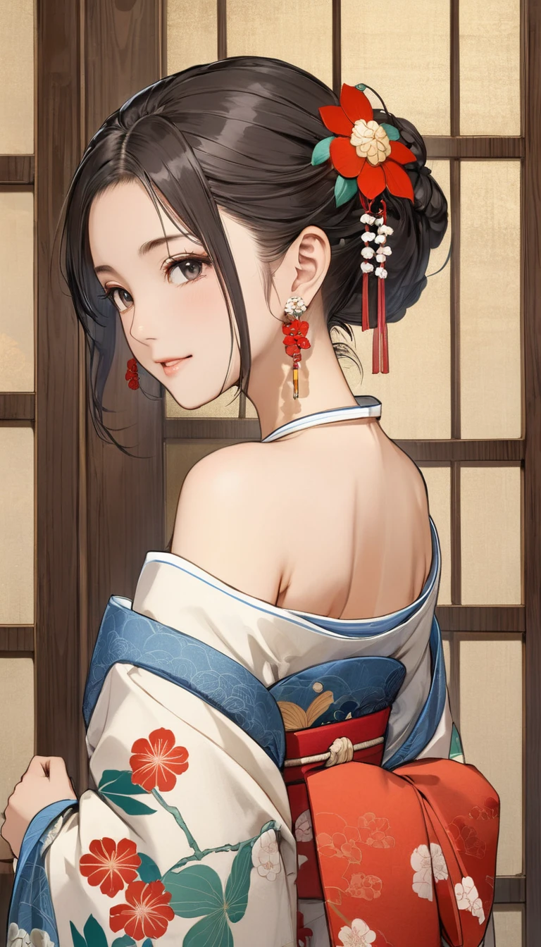 (masterpiece, Highest quality:1.2), One girl, alone,bony body、15 years old、Earrings、Edo Period、Hanafuda style