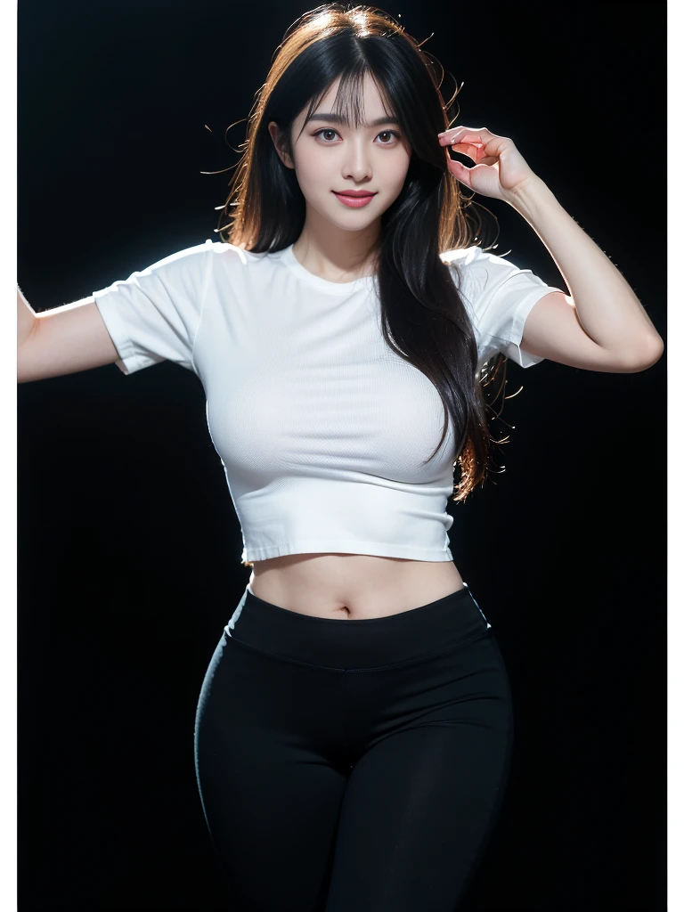 (highest image quality:1.35), high quality, Realistic photo, (A beautiful woman:1.33), beautiful expression, (delicate eyes:1.3), (delicate face:1.3 ), Smile, (slick hair:1.2), Super detailed , high resolution, athletic figure, (big breasts:1.25), (long hair:1.2), (beautiful woman), ( Cute navel:1.2), (Depth of field f/1.8:1.45 ), sharp focus, original photo , (Thin white shirt:1.45), (Thin black pants:1.4), (Thin tight bloack pants: 1.4 ), (Thick thighs:1.5), (Forward:1.25), (cowboy photo: 1.4), (Sports, black background :1.4 ), (black background:1.5 ),