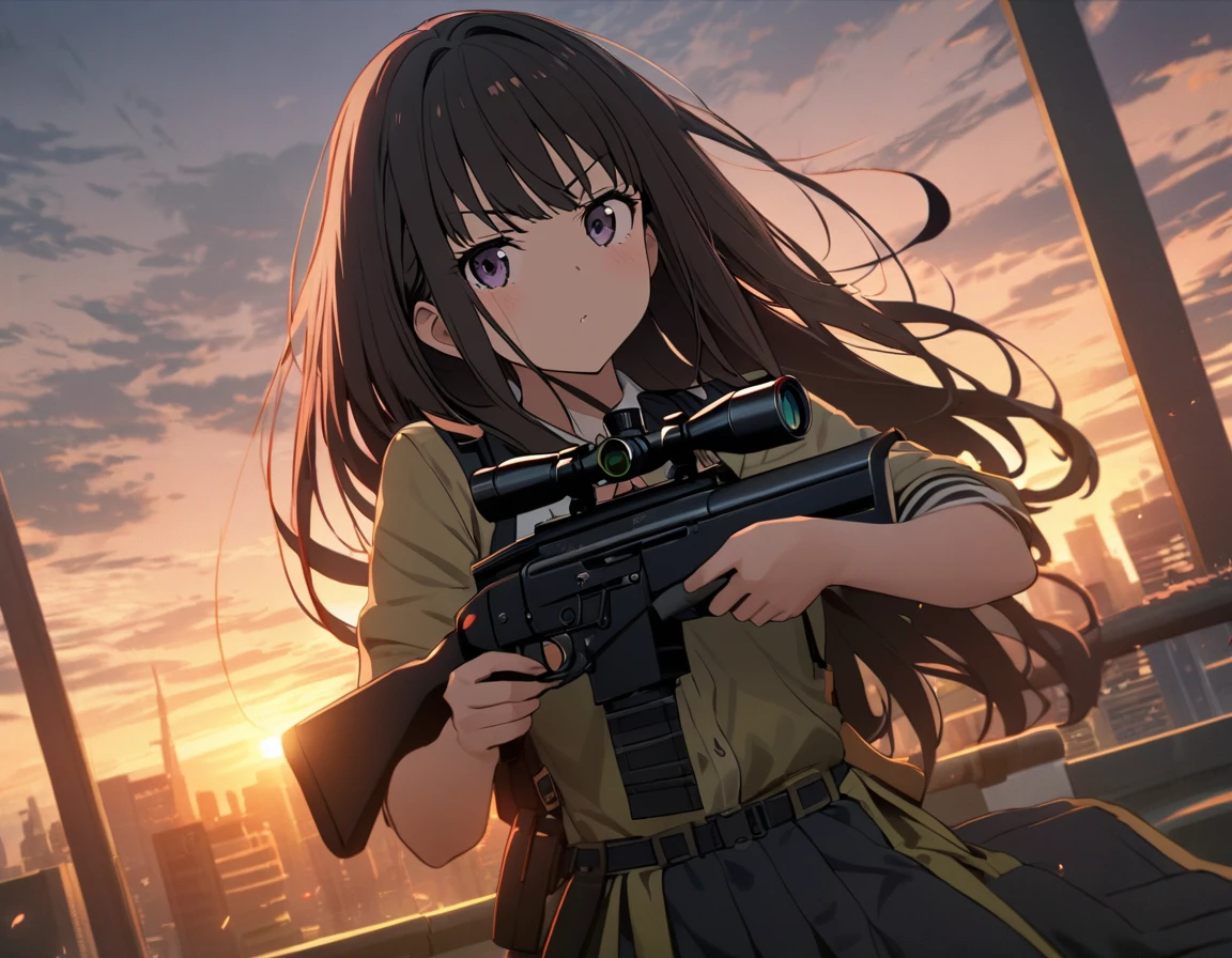 1girl, inoue takina, lycoris recoil,  lying down on the rooftop of a building at dawn, with the first light of day breaking through the cityscape. She is holding a Dragunov sniper rifle, looking through the scope and aiming with a focused and determined posture. The cinematic lighting highlights her battle-worn appearance and defiant stance. The scene is a masterpiece of the highest quality with absurd resolution.