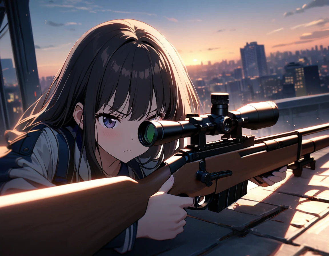 1girl, inoue takina, lycoris recoil, lying down on the rooftop of a building at dawn, with the first light of day breaking through the cityscape. She is holding a Dragunov sniper rifle, looking through the scope and aiming with a focused and determined posture. The cinematic lighting highlights her battle-worn appearance and defiant stance. The scene is a masterpiece of the highest quality with absurd resolution.