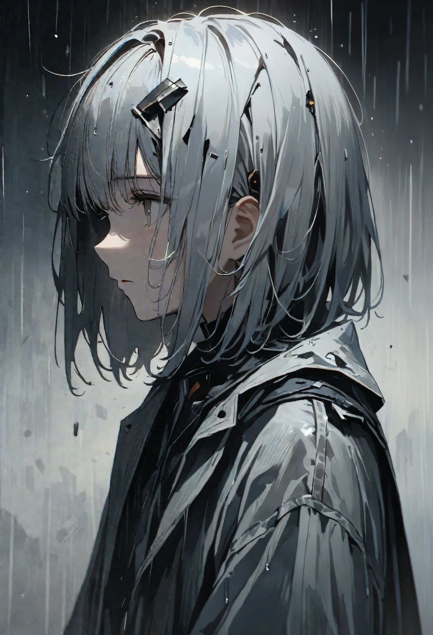 (8k, Highest quality)、Ultra-high resolution、Adorable、Highest quality, beautiful, Absurd beauty、masterpiece、Best image quality、Rainy old background,Broken Android,A sad and poignant work,Grey World,An android girl who still believes despite being abandoned by humans