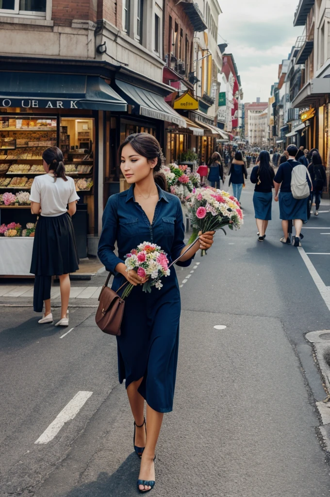 Illustration of a lady selling flowers in a busy street