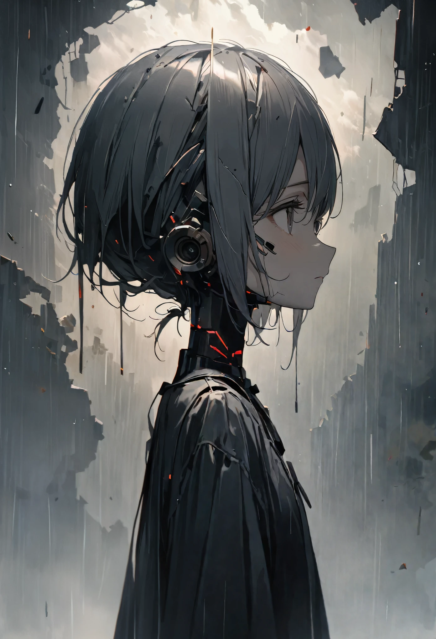 (8k, Highest quality)、Ultra-high resolution、Adorable、Highest quality, beautiful, Absurd beauty、masterpiece、Best image quality、Rainy old background,Broken Android,A sad and poignant work,Grey World,An android girl who still believes despite being abandoned by humans.close-up,Looking up at the sky,profile,Short Hair,cute,The rain hits my face and looks like tears