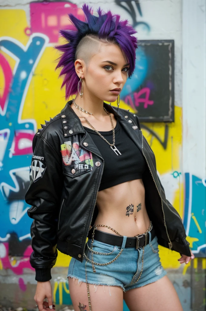 (Artwork, best quality:1.2), 1 girl ,intrincately detailed, "Punk Girl", in dynamic pose, ((spiky mohawk hair, purple punk hair, wearing a black jacket, chains, Rocket style, tatuados , hot body, abdomen)) . Shallow depth of field, vignette, highy detailed, high budget, bokeh, cinemascope, temperamental, epic, marvelous, film grain, grainy. ((Abandoned Graffiti Wall Background)).