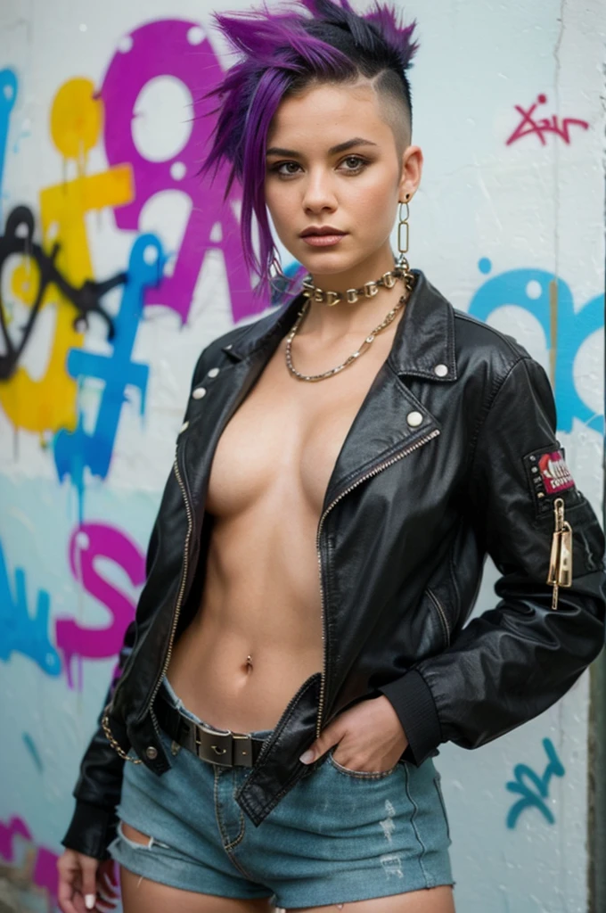 (Artwork, best quality:1.2), 1 girl ,intrincately detailed, "Punk Girl", in dynamic pose, ((spiky mohawk hair, purple punk hair, wearing a black jacket, chains, Rocket style, tatuados , hot body, abdomen)) . Shallow depth of field, vignette, highy detailed, high budget, bokeh, cinemascope, temperamental, epic, marvelous, film grain, grainy. ((Abandoned Graffiti Wall Background)).