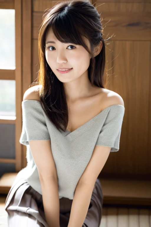 japanese woman、Stylish living room、sitting on the sofa、realistic pictures、High definition skin、beautiful woman、25 years old、beautiful clavicle、beautiful thighs、、smile、no makeup、shirt、pleated mini skirt、beautiful eyes、Beautiful mouth、long hair、brown hair、beautiful hair