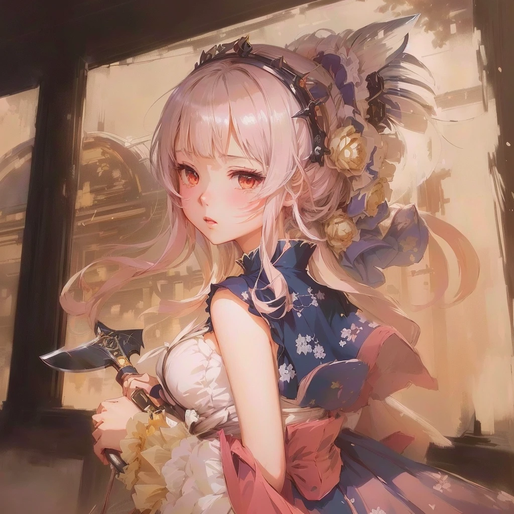 Anime girl in a dress with a big headpiece and holding a big knife, Gwaiz on pixiv artstation, Gwaiz, Gwaiz on artstation pixiv, Cute anime waifu in a nice dress, artwork in the style of Gwaiz, Anime Style 4k, Anime Art Wallpapers 8K, Enchanting anime girl, Beautiful Anime Girls