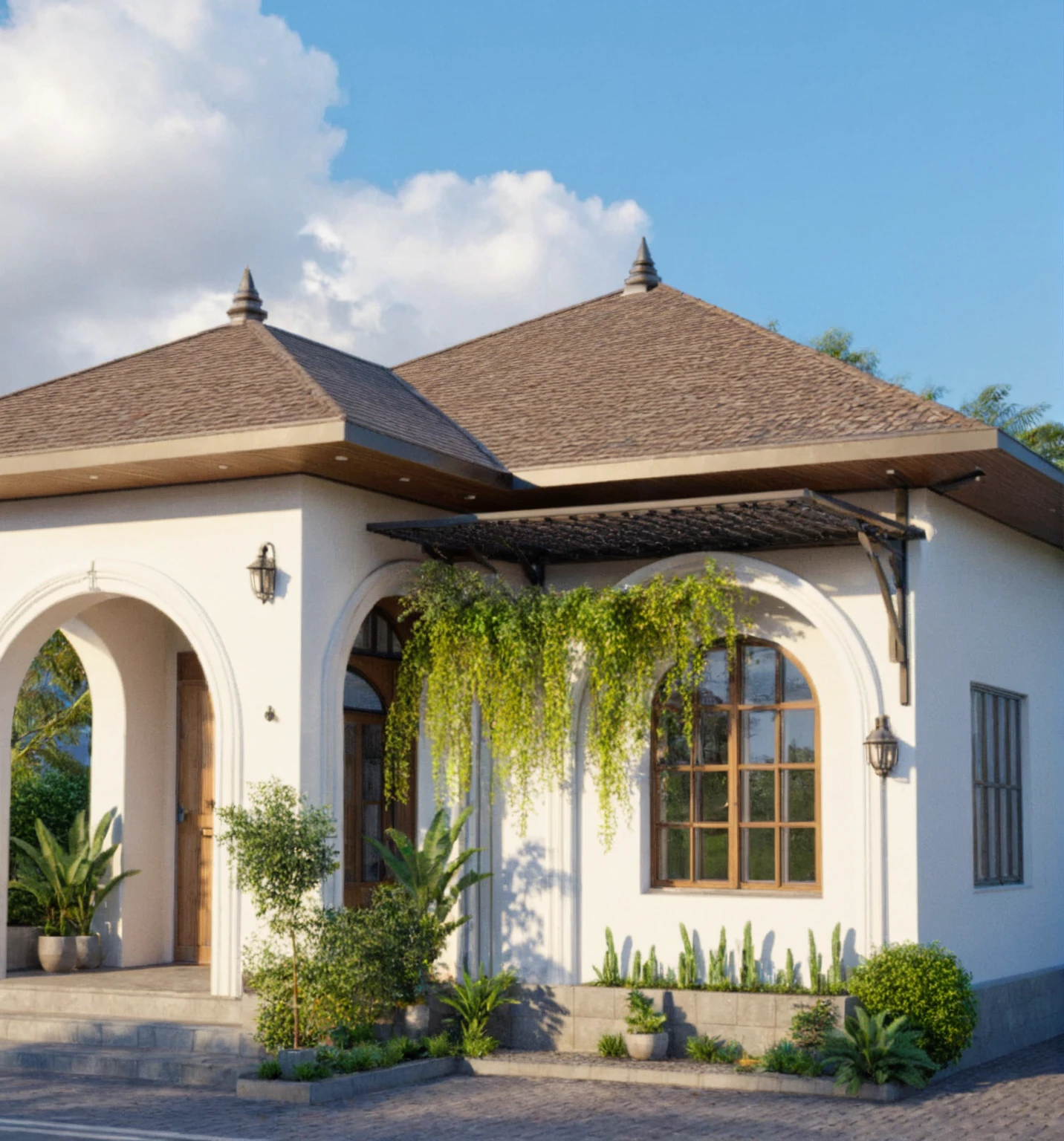 Raw photo,Masterpiece, high quality, best quality, authentic, super detail,
exterior, outdoors, house style modern on the street, glass windows, gate, wooden ceiling,
road,pavement, trees, sky, cloud, (daylight:1.1)