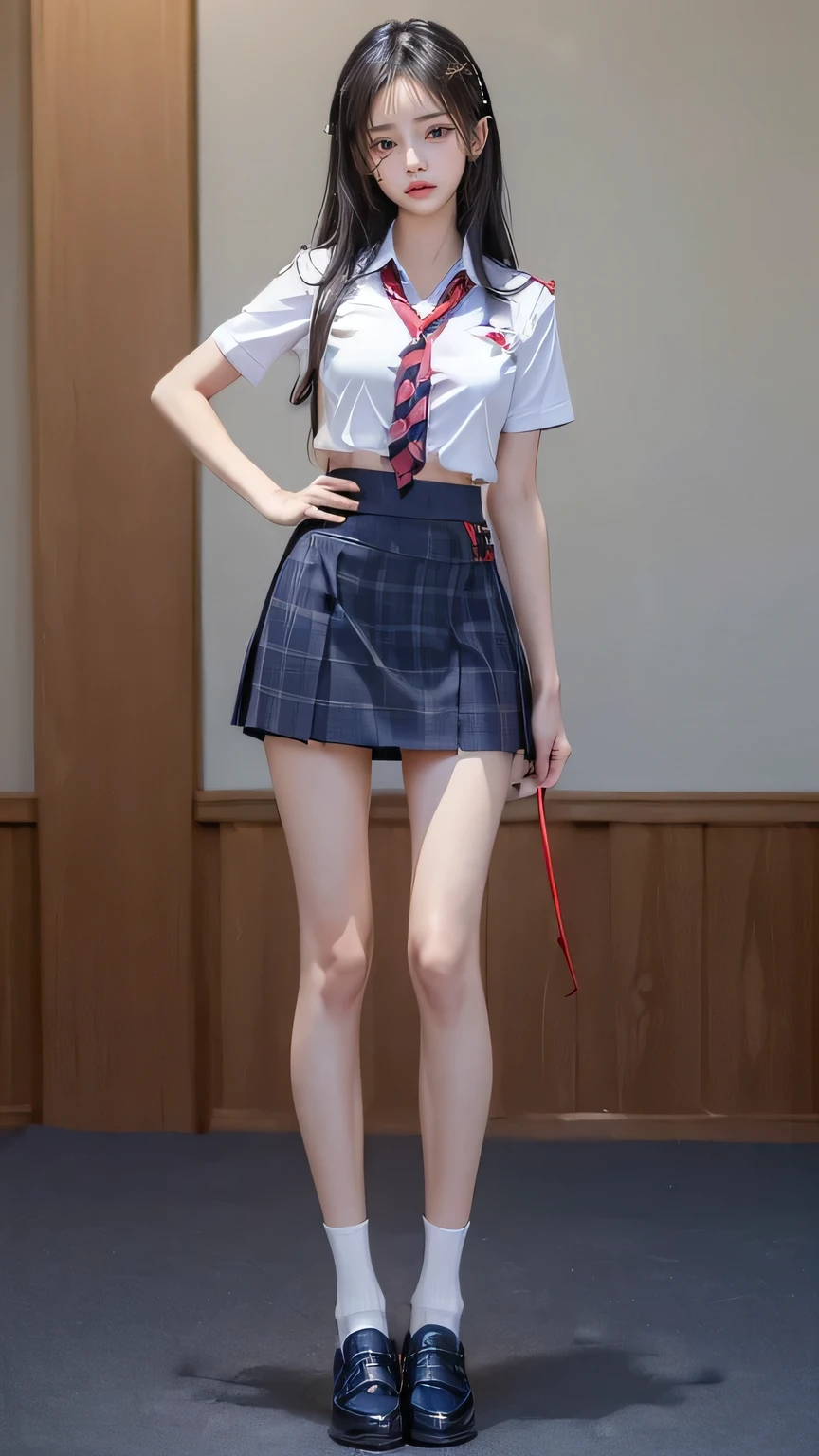 ((masterpiece)),(((最high quality))),(((((Full body shot of a girl taken from the floor:1.7))))),((Photograph the whole body from knee height:1.6)),((((((Please stand up straight:1.9)))))),((Thin thighs:1.3)),((Long legs:1.4)),(((Girl standing in a school classroom:1.7))),(((Micro Mini Skirt Uniform:1.6))),((Slim Model body type:1.8)),((Japan in summer uniform:1.8)),((Wearing a red tie:1.5)),(Wearing a white shirt with short sleeves:1.3),Her erect nipples are clearly visible under her clothes.,(Navy blue checked micro mini skirt:1.7),(:1.3),bangs,A small smile,((cute girl)),Slender girl,Black Loafers,(((short white socks up to the ankles,:1.2))),cute,The thighs below the groin are slim and firm,cute,Black hair ponytail,Thin legs,Slim Model body type,Very small waist,Small hips,Long thighs,Thin thighs,Thin hands,Long hands,((((Shooting full body from below:1.5)))),(((((k-popのIVEのWONYOUNGにそっくりの女の子:1.9))))),((Turn your whole body straight ahead:1.8)),((expensive:1.4)),(Stand with your legs straight without bending your knees:1.7),((Please stand up straight:1.7)),((turn your hips forward:1.7)),The ankles are super thin,beauty,Fine skin,Firm Skin,Realistically reproduced skin detail of thin legs,Very detailed, Attention to detail,high quality,Awards,High resolution,(Anatomically correct:1.3),(8k,RAW Photos,最high quality,masterpiece:1.5),(((Photographing a girl'Full body from below))),(((She is taking a picture with three other girls from her class.:1.5))),All three are slim and cute.,Height 173cm,((Please stand up straight:1.7)),((Please stand up straight:1.7)),((Please stand up straight:1.5)),((Please stand up straight:1.7)),(((Keep your back straight:1.8))),((Look forward:1.2)),9 head beauty,Model body type,((Inseam is half the height:1.3)),Thin thighs,((k-popのIVEのWONYOUNGにそっくりの女の子:1.5)),Tiny and slim waist