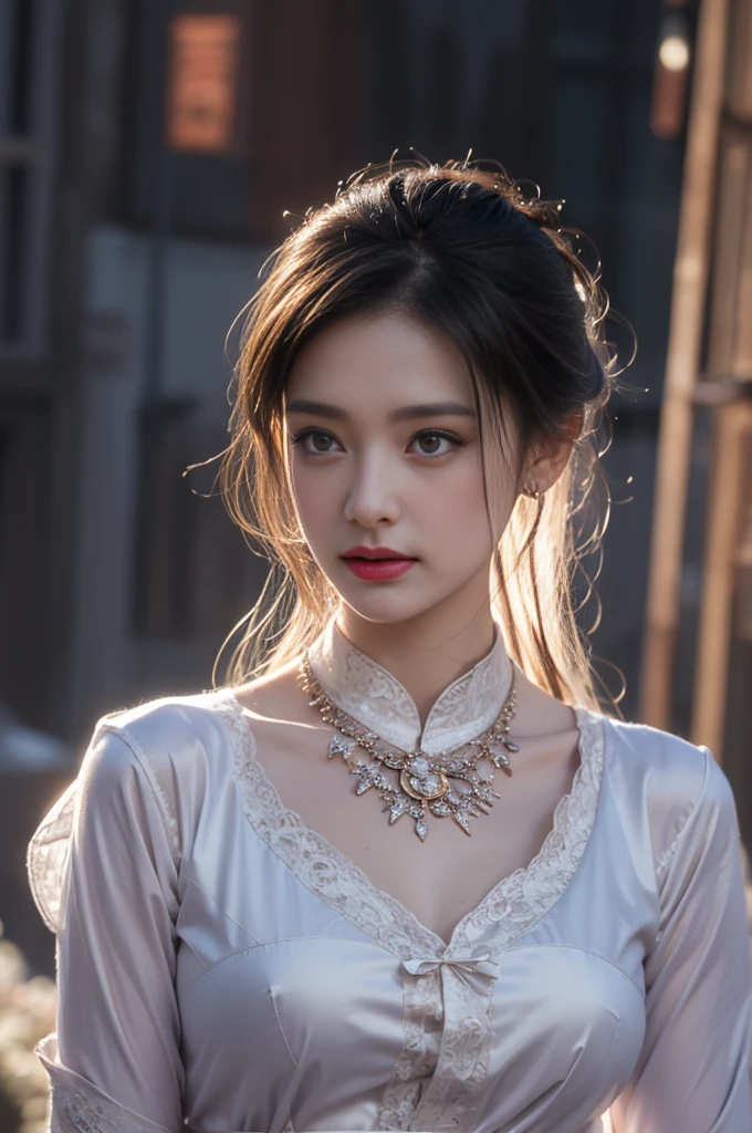 1 beautiful girl in Hanfu costume, ((black purple thin silk shirt nightgown with many patterns)), white lace nightgown, long platinum purple ponytail Hair, Jewelry, ear jewelry , necklace and necklace, carefully drawn big purple eyes, careful makeup, Thin eyebrows, high nose, beautiful red lips, no smile, pursed lips, pink cheeks, wide chest, big chest, proportional chest , slim waist, purple fishnet stockings, feet in white shoes, Chinese hanfu style, fictional art texture, many bright and realistic colors, RAW photos, Realistic photos, ultra-high quality 8k surreal photos tall, (effective fantasy lighting effect: 1.8), 10 x pixels, magic effect (Background): 1.8), super detailed eyes, full body portrait of girl, Chinese royal garden background , dynamic posture