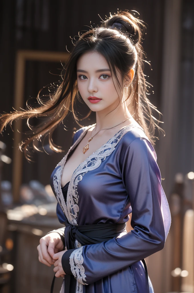 1 beautiful girl in Hanfu costume, ((black purple thin silk shirt nightgown with many patterns)), white lace nightgown, long platinum purple ponytail Hair, Jewelry, ear jewelry , necklace and necklace, carefully drawn big purple eyes, careful makeup, Thin eyebrows, high nose, beautiful red lips, no smile, pursed lips, pink cheeks, wide chest, big chest, proportional chest , slim waist, purple fishnet stockings, feet in white shoes, Chinese hanfu style, fictional art texture, many bright and realistic colors, RAW photos, Realistic photos, ultra-high quality 8k surreal photos tall, (effective fantasy lighting effect: 1.8), 10 x pixels, magic effect (Background): 1.8), super detailed eyes, full body portrait of girl, Chinese royal garden background , dynamic posture