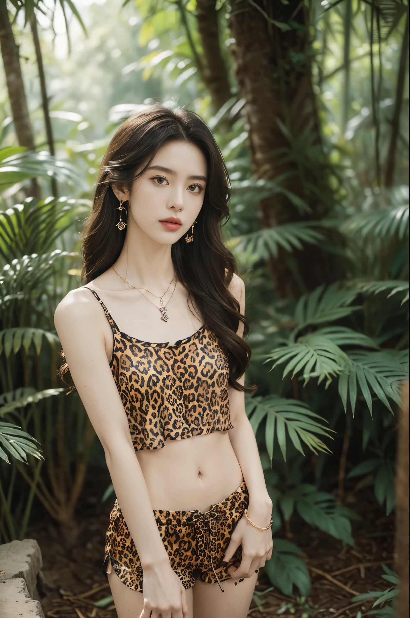 (((best quality))),(((ultra detailed))),(((masterpiece))),illustration,((1 beautiful girl,solo)),(shoulder length messy hair:1.2),((Beast bone earrings and necklace)),((slim,thin)),((small breasts,flat chest)),(slender legs:1.2),fair complexion,(leopard print short-sleeved tank top and mini shorts:1.3),seductive,wild spirit,lush forest,primitive,tall trees,green canopy, sunlight filter,scent of earth,bird chirping,small creatures,secluded spot,captivating,enigmatic,raw energy,untamed spirit,morden day Eve,Garden of Eden,playful,adventurous,striking appearance,exotic setting,summertime,heat,humidity,vibrant colours,endless possibilities,exquisite detail,expansive wilderness,feminine allure,((from front,upper body))