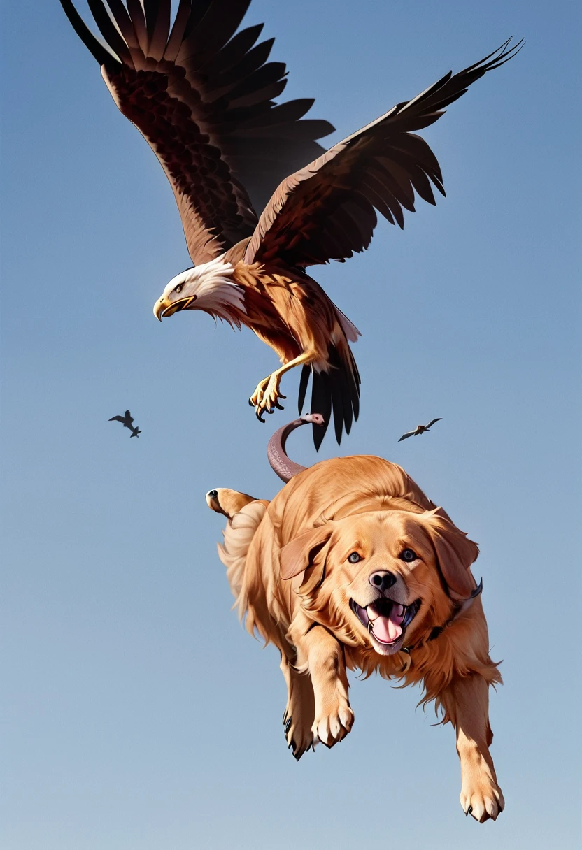 There is a bird flying over the dog, Eagle eats snakes, Flying giant animals, Hot Photos, Intense Combat, flying mythical beasts, The puppies merged into one, Threatening!!!, Split into wings in half, caught on camera, Thought-provoking, Very accurate pictures, Extremely clear images, Good vs. Evil, The battle between good and evil, standoff