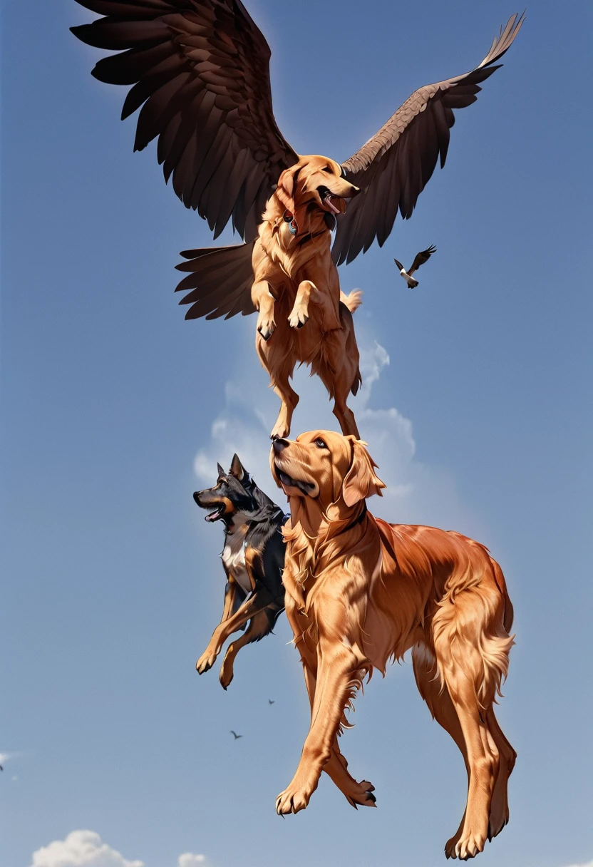 There is a bird flying over the dog, Eagle eats snakes, Flying giant animals, Hot Photos, Intense Combat, flying mythical beasts, The puppies merged into one, Threatening!!!, Split into wings in half, caught on camera, Thought-provoking, Very accurate pictures, Extremely clear images, Good vs. Evil, The battle between good and evil, standoff